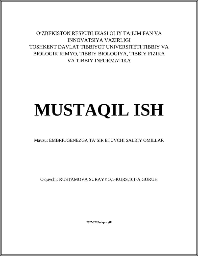 EMBRIOGENEZGA TAʼSIR ETUVCHI SALBIY OMILLAR