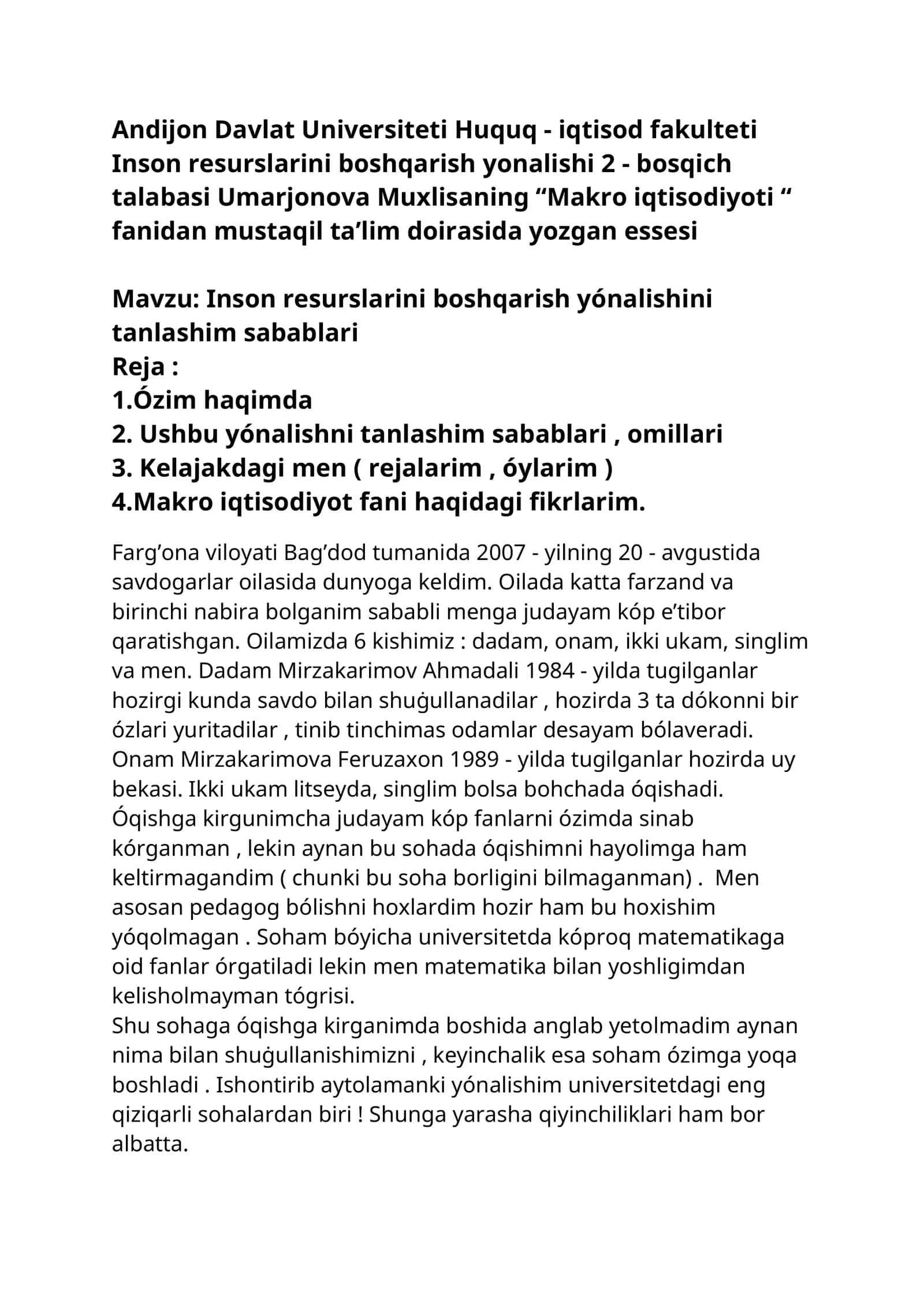 Inson resurslarini boshqarish yónalishini tanlashim sabablari