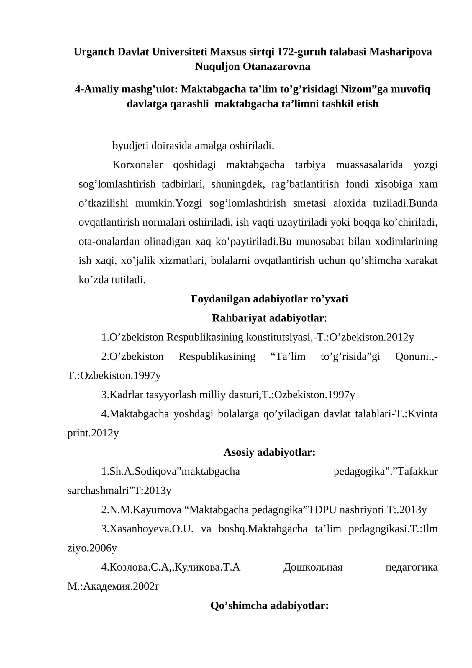 4-Amaliy mashg’ulot: Maktabgacha ta’lim to’g’risidagi Nizom