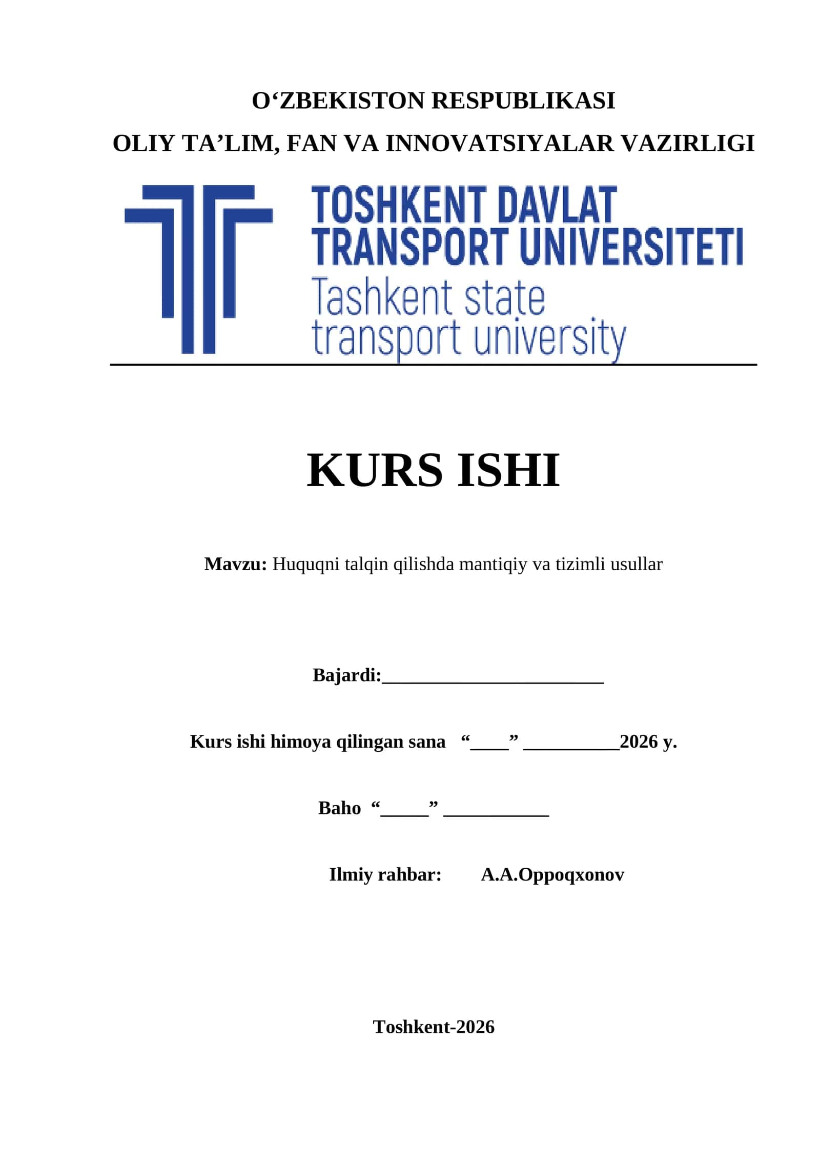 Huquqni talqin qilishda mantiqiy va tizimli usullar kurs ishi
