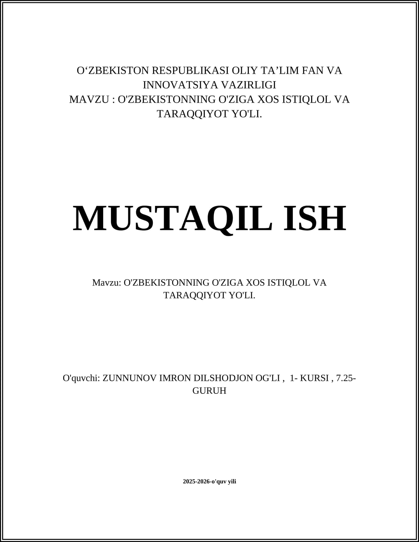 O'ZBEKISTONNING O'ZIGA XOS ISTIQLOL VA TARAQQIYOT YO'LI