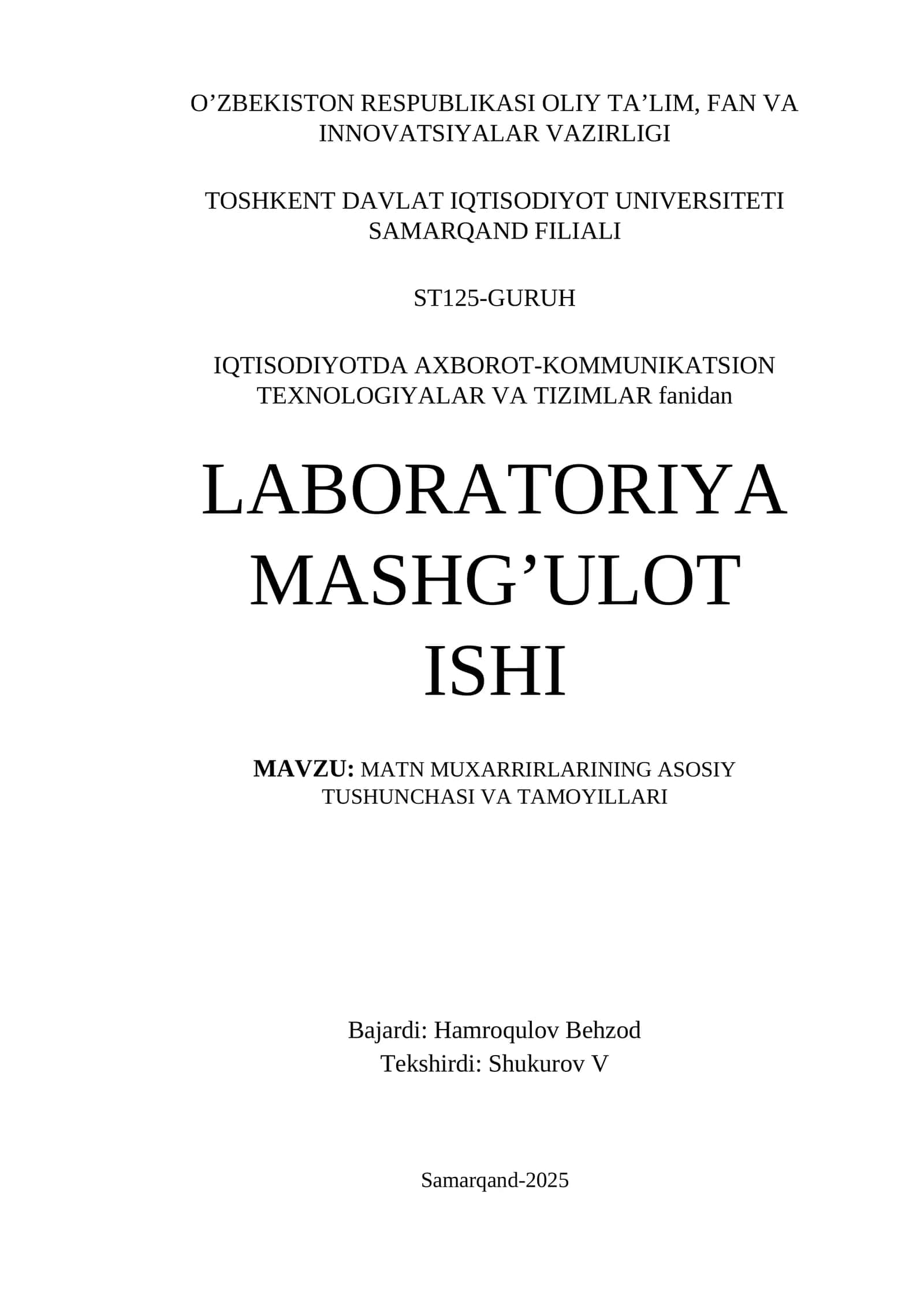 IQTISODIYOTDA AXBOROT-KOMMUNIKATSION TEXNOLOGIYALAR VA TIZIMLAR fanidan LABORATORIYA MASHG’ULOT ISHI