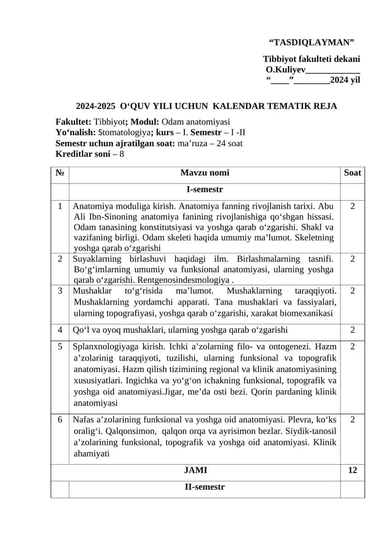 2024-2025 O‘QUV YILI UCHUN KALENDAR TEMATIK REJA