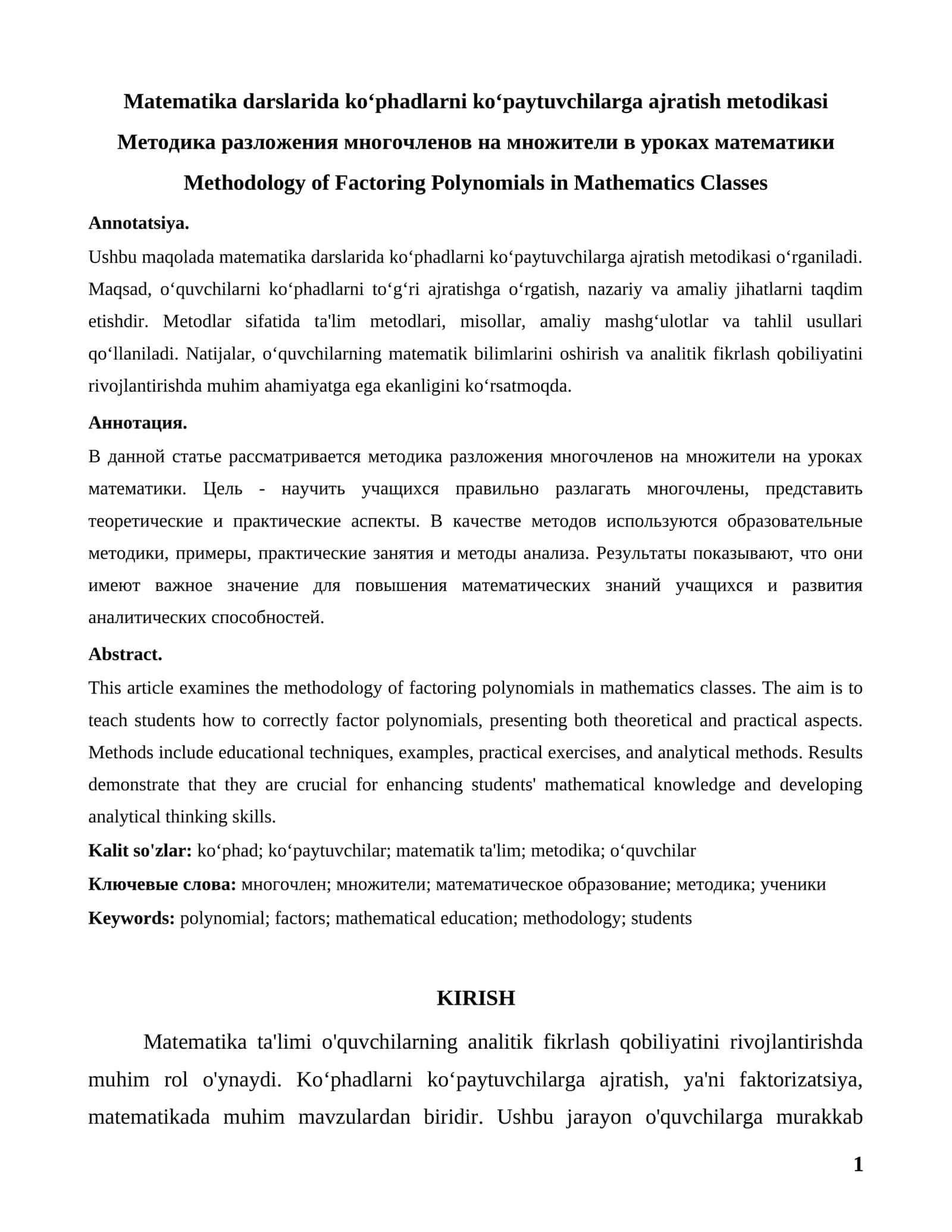 Matematika darslarida koʻphadlarni koʻpaytuvchilarga ajratish metodikasi