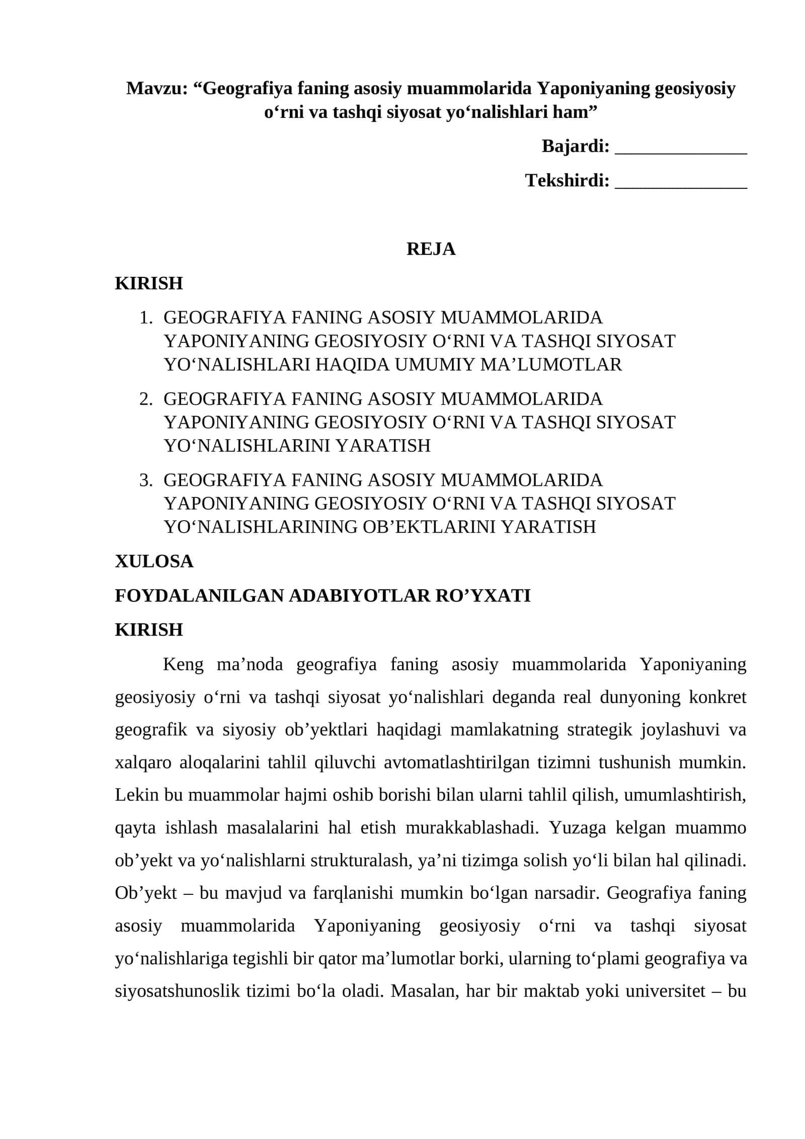 GEOGRAFIYA FANING ASOSIY MUAMMOLARIDA YAPONIYANING GEOSIYOSIY O‘RNI VA TASHQI SIYOSAT YO‘NALISHLARI