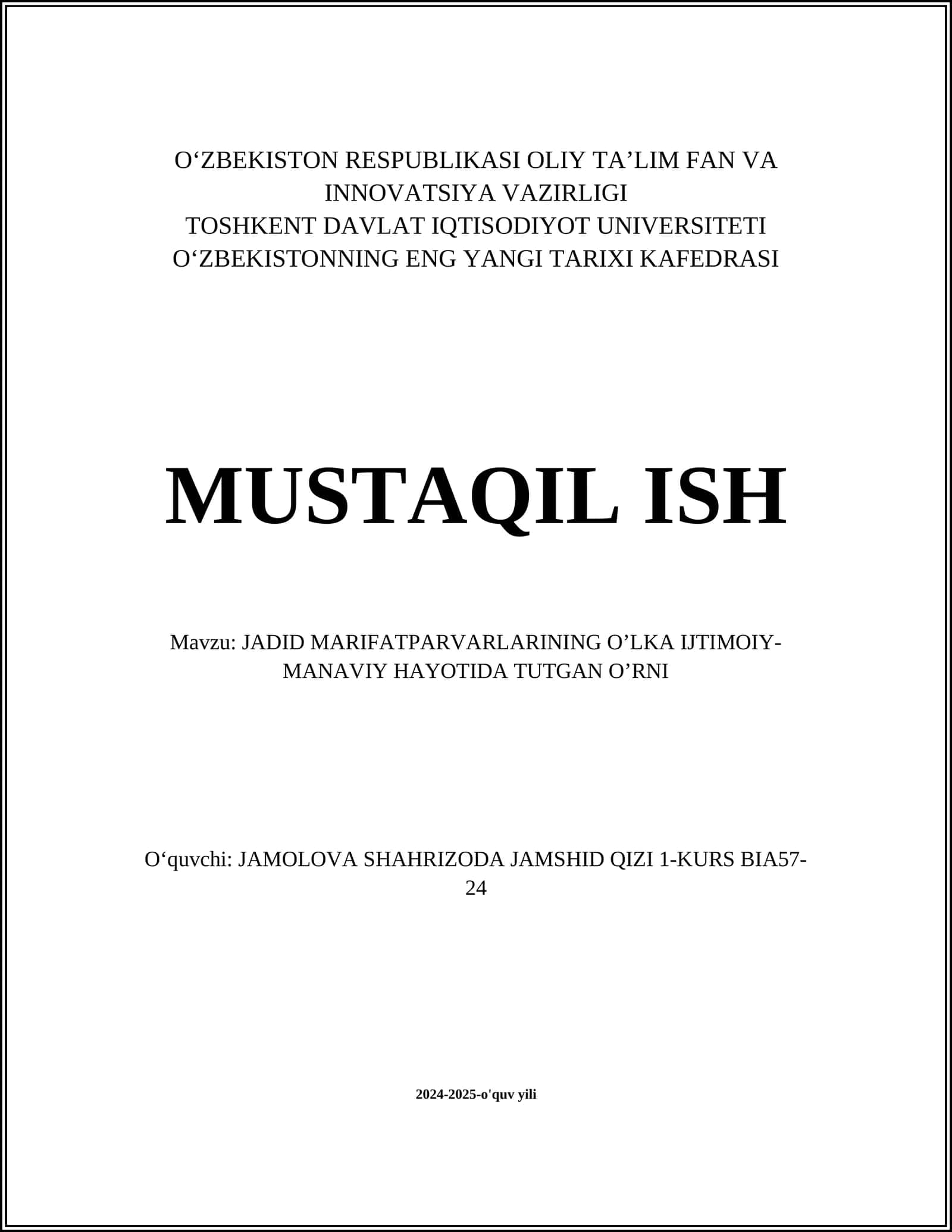 JADID MARIFATPARVARLARINING OʼLKA IJTIMOIY-MANAVIY HAYOTIDA TUTGAN OʼRNI