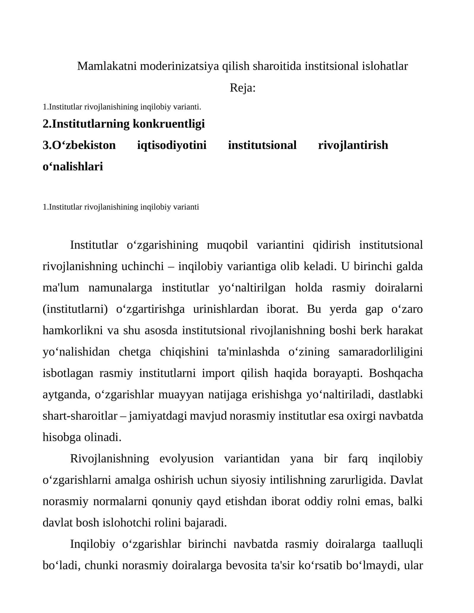 Mamlakatni moderinizatsiya qilish sharoitida institsional islohatlar