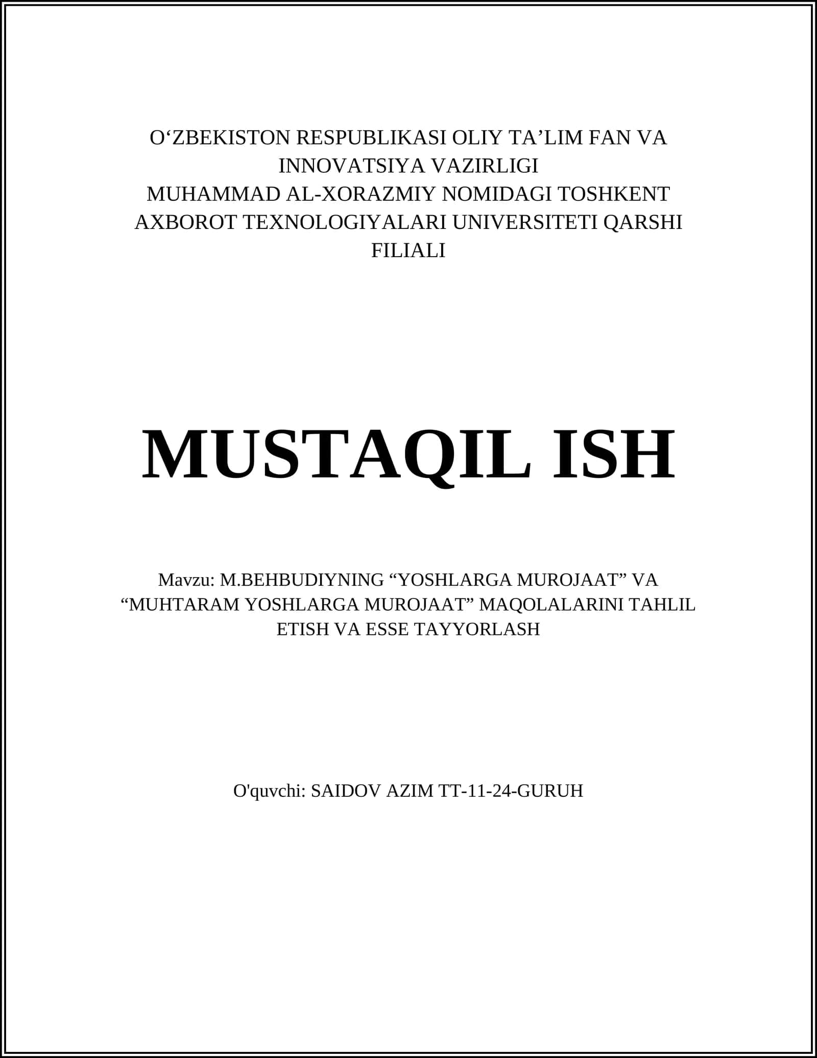 M.Behbudiyning “Yoshlarga murojaat” va “Muhtaram yoshlarga murojaat” maqolalarini tahlil etish va esse tayyorlash