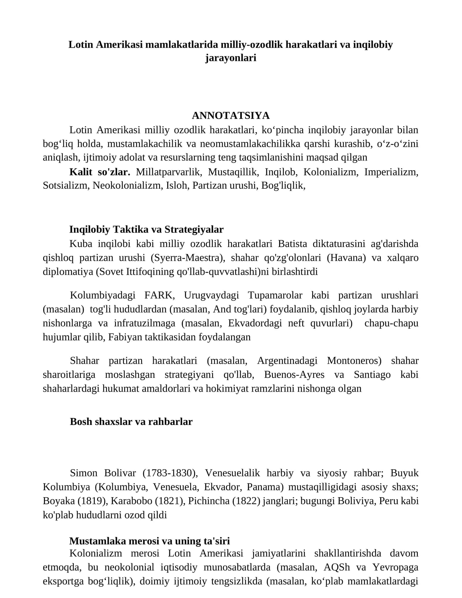 Lotin Amerikasi mamlakatlarida milliy-ozodlik harakatlari va inqilobiy jarayonlari