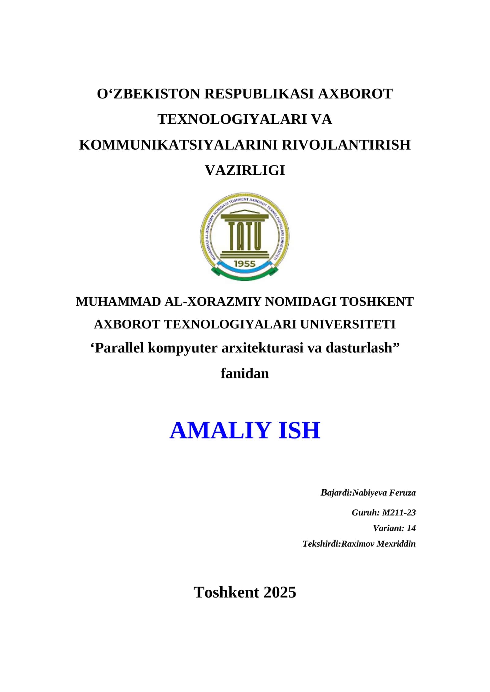 Parallel kompyuter arxitekturasi va dasturlash