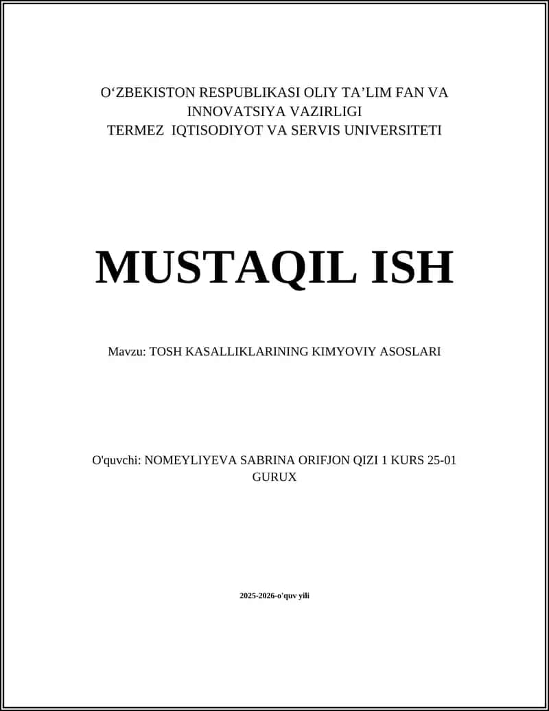 Tosh kasalliklarining kimyoviy asoslari