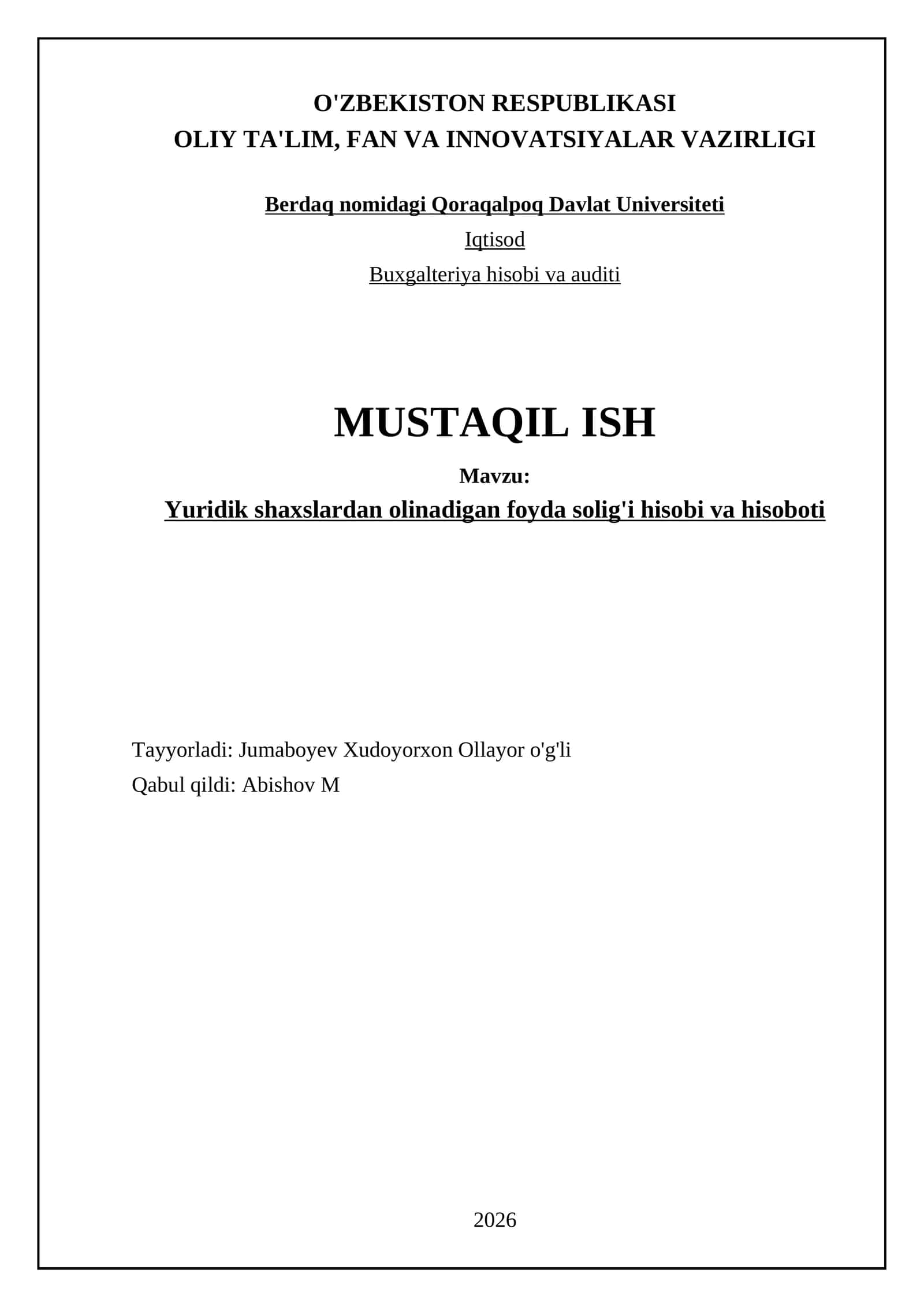 Yuridik shaxslardan olinadigan foyda solig'i hisobi va hisoboti