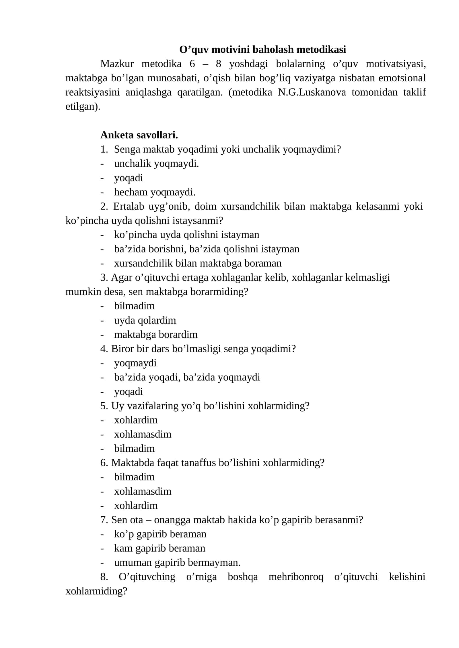 O’quv motivini baholash metodikasi