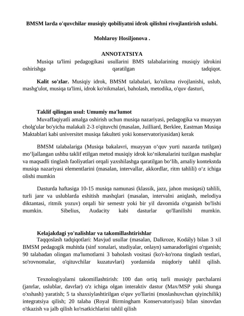 BMSM larda o'quvchilar musiqiy qobiliyatni idrok qilishni rivojlantirish uslubi