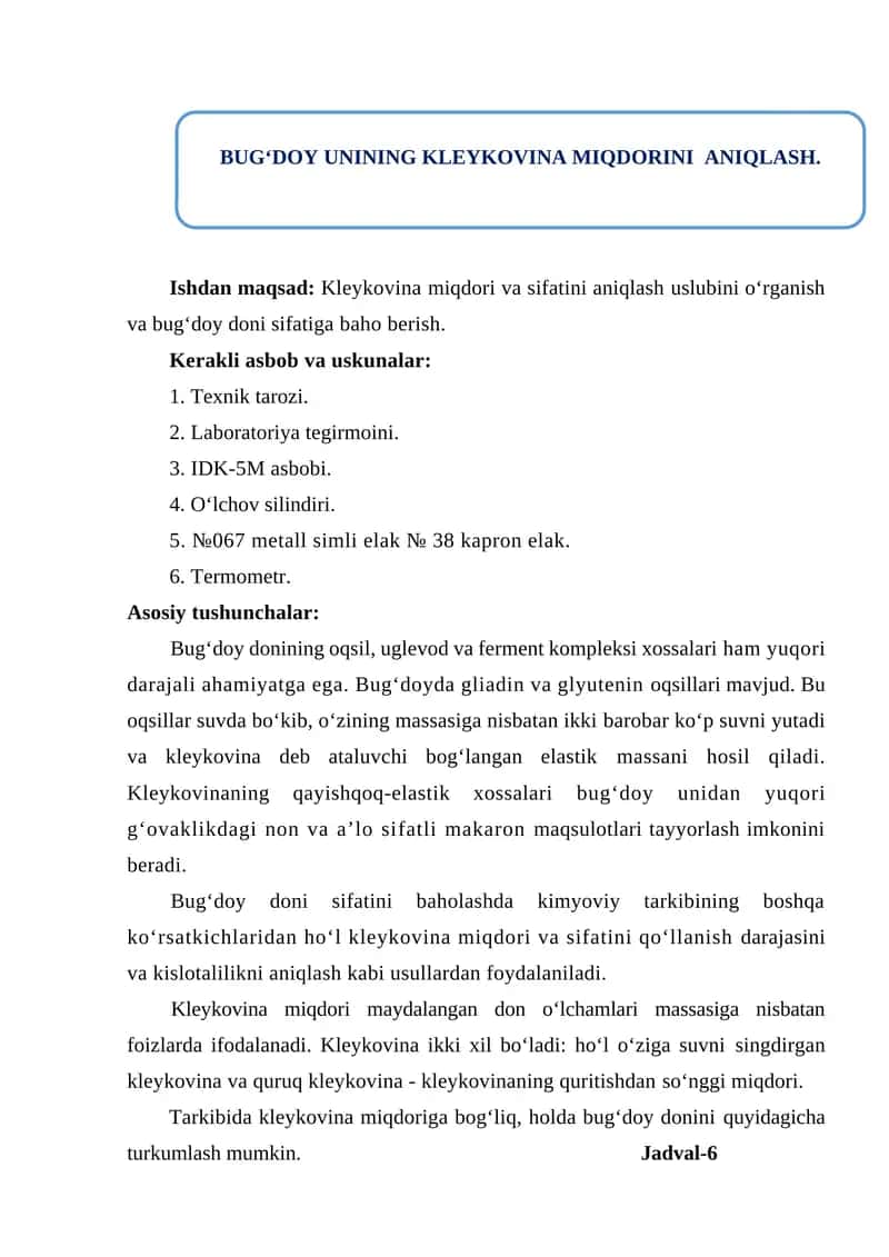 Bug‘doy kleykovina miqdorining aniqlash