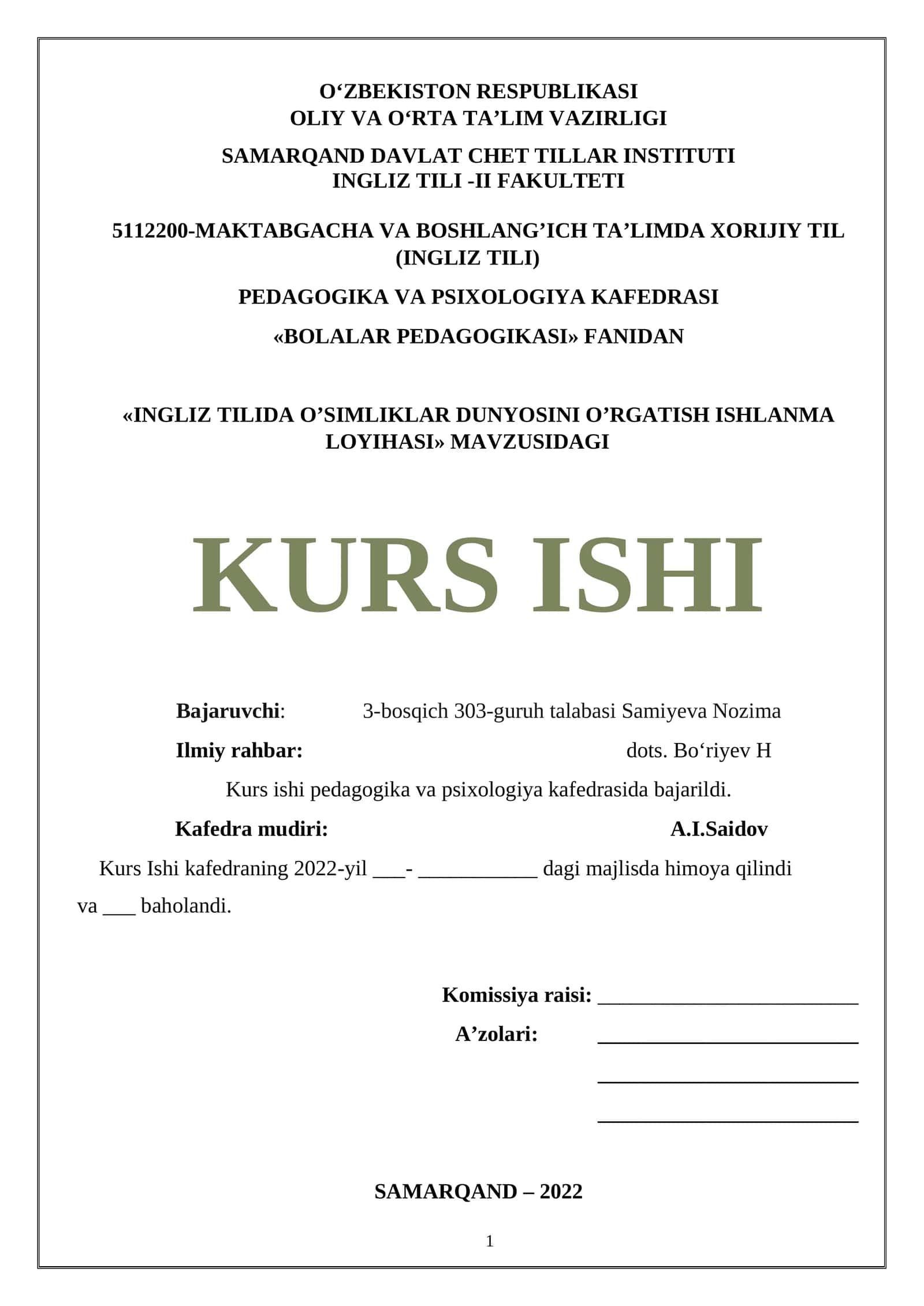 INGLIZ TILIDA O’SIMLIKLAR DUNYOSINI O’RGATISH ISHLANMA LOYIHASI