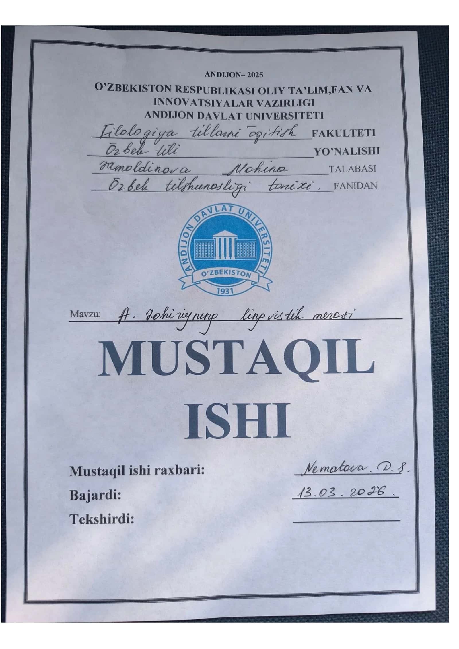 ZOHIRIYNING LINGVISTIK MEROSI
