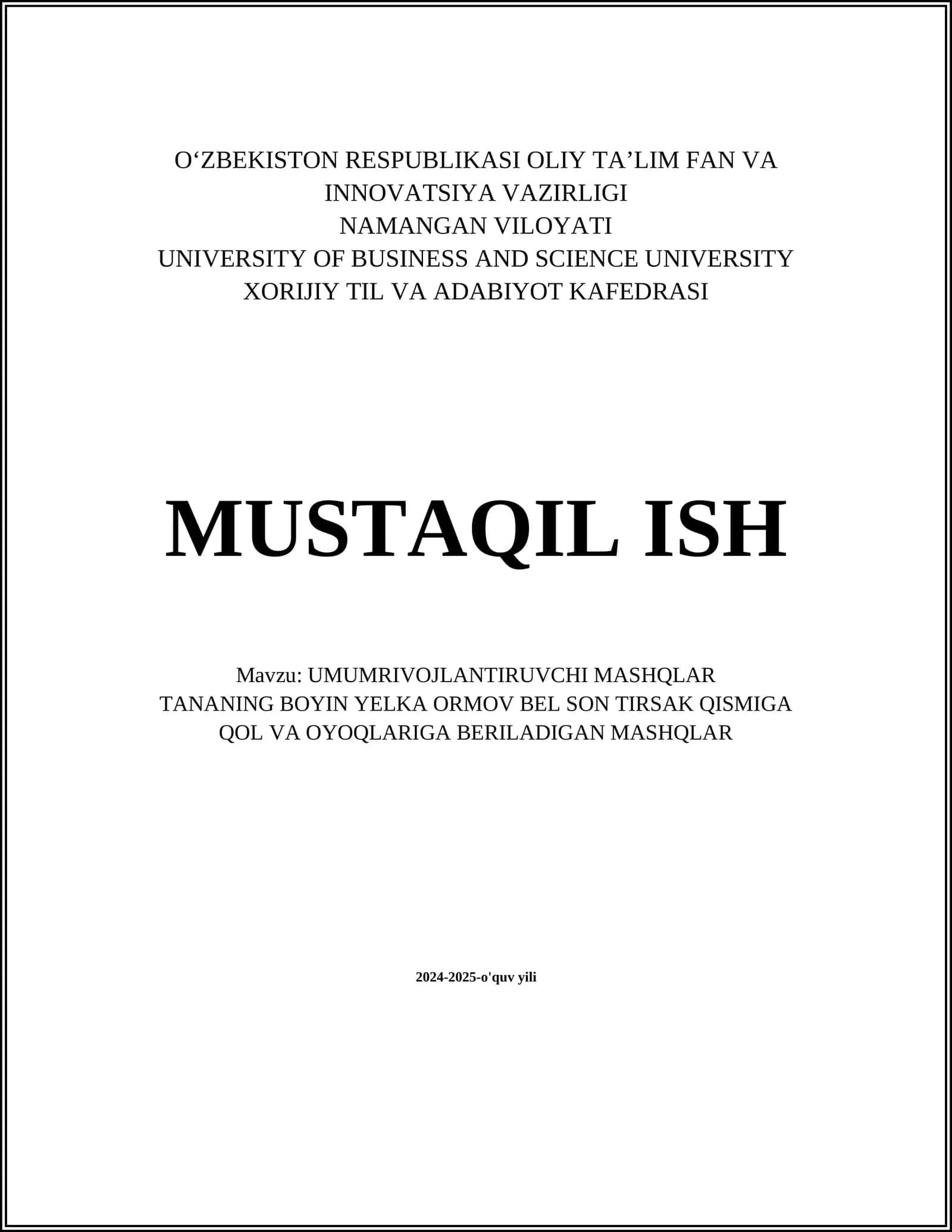 UMUMRIVOJLANTIRUVCHI MASHQLAR