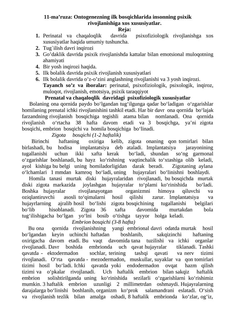 Prenatal va chaqaloqlik davridagi psixofiziologik xususiyatlar