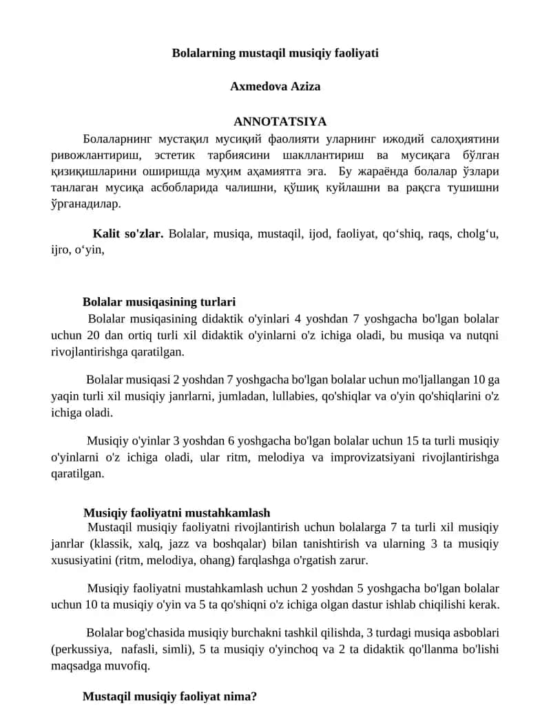 Bolalarning mustaqil musiqiy faoliyati