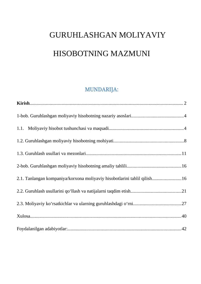 Guruhlashgan Moliyaviy Hisobotning Mazmuni