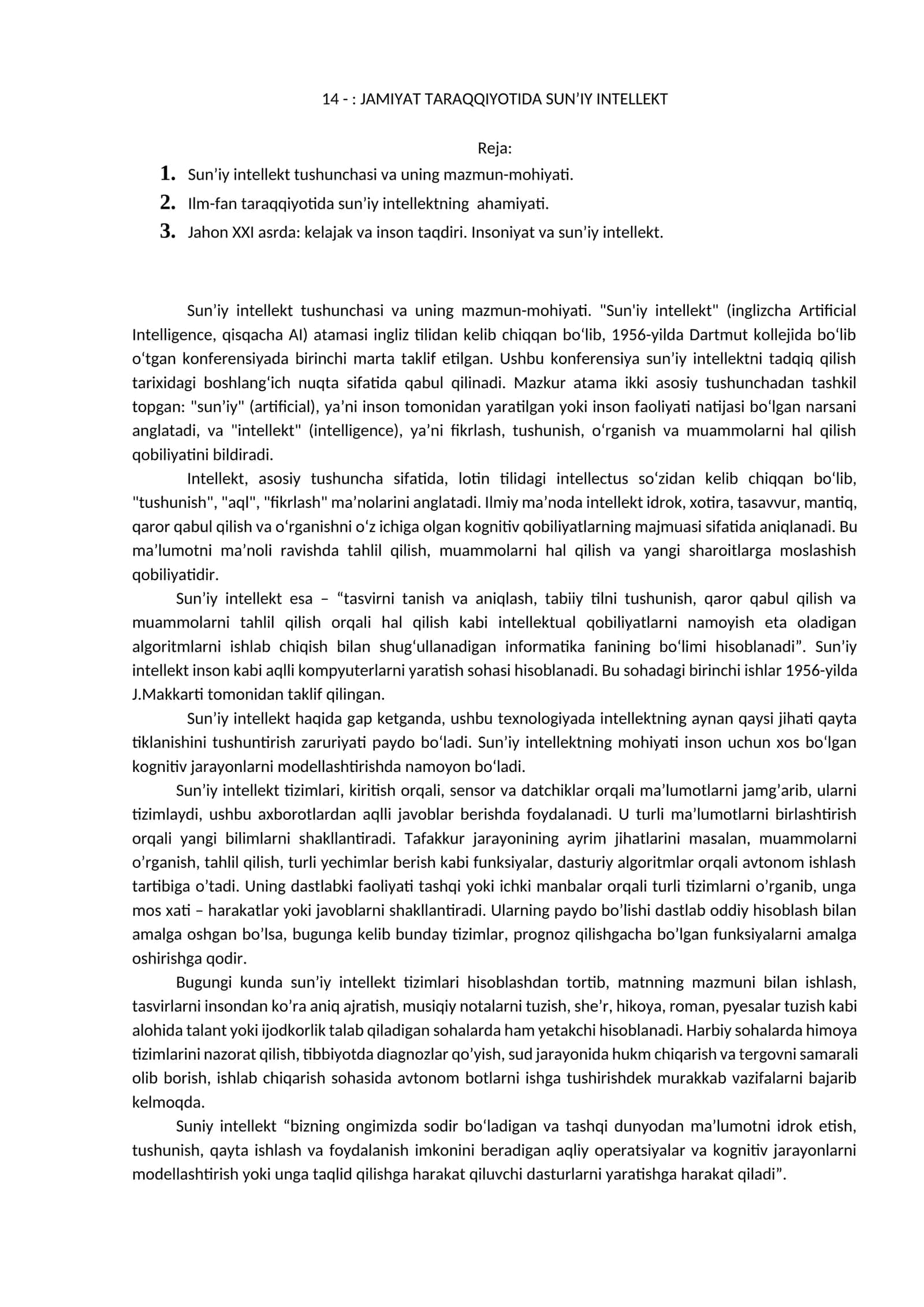 Sun’iy intellekt tushunchasi va uning mazmun-mohiyati