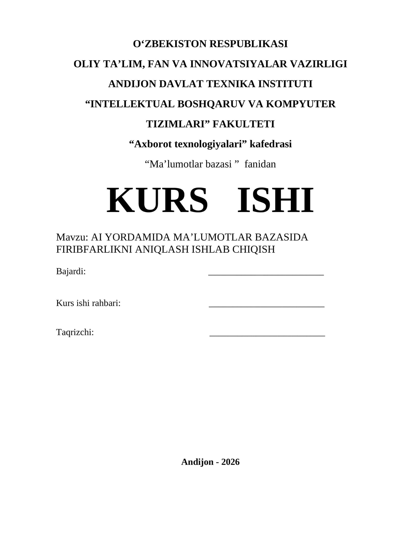 AI YORDAMIDA MAʼLUMOTLAR BAZASIDA FIRIBFARLIKNI ANIQLASH ISHLAB CHIQISH