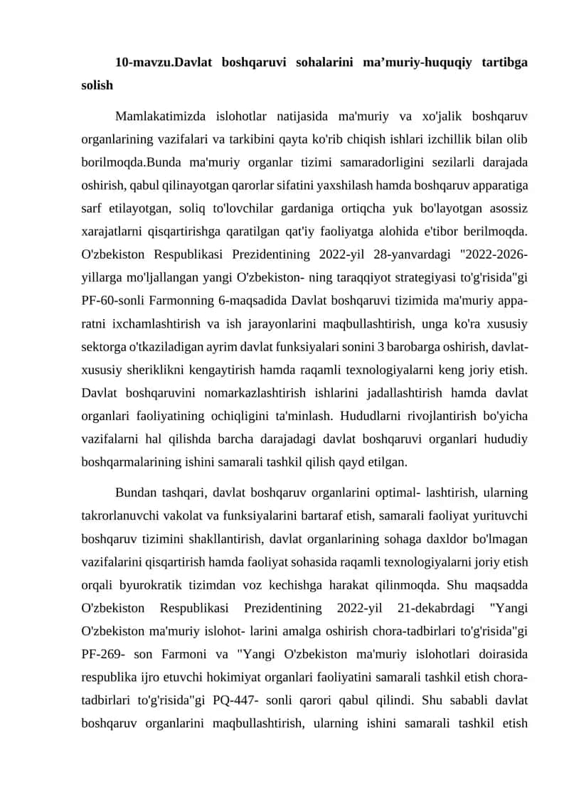 10-mavzu.Davlat boshqaruvi sohalarini maʼmuriy-huquqiy tartibga solish