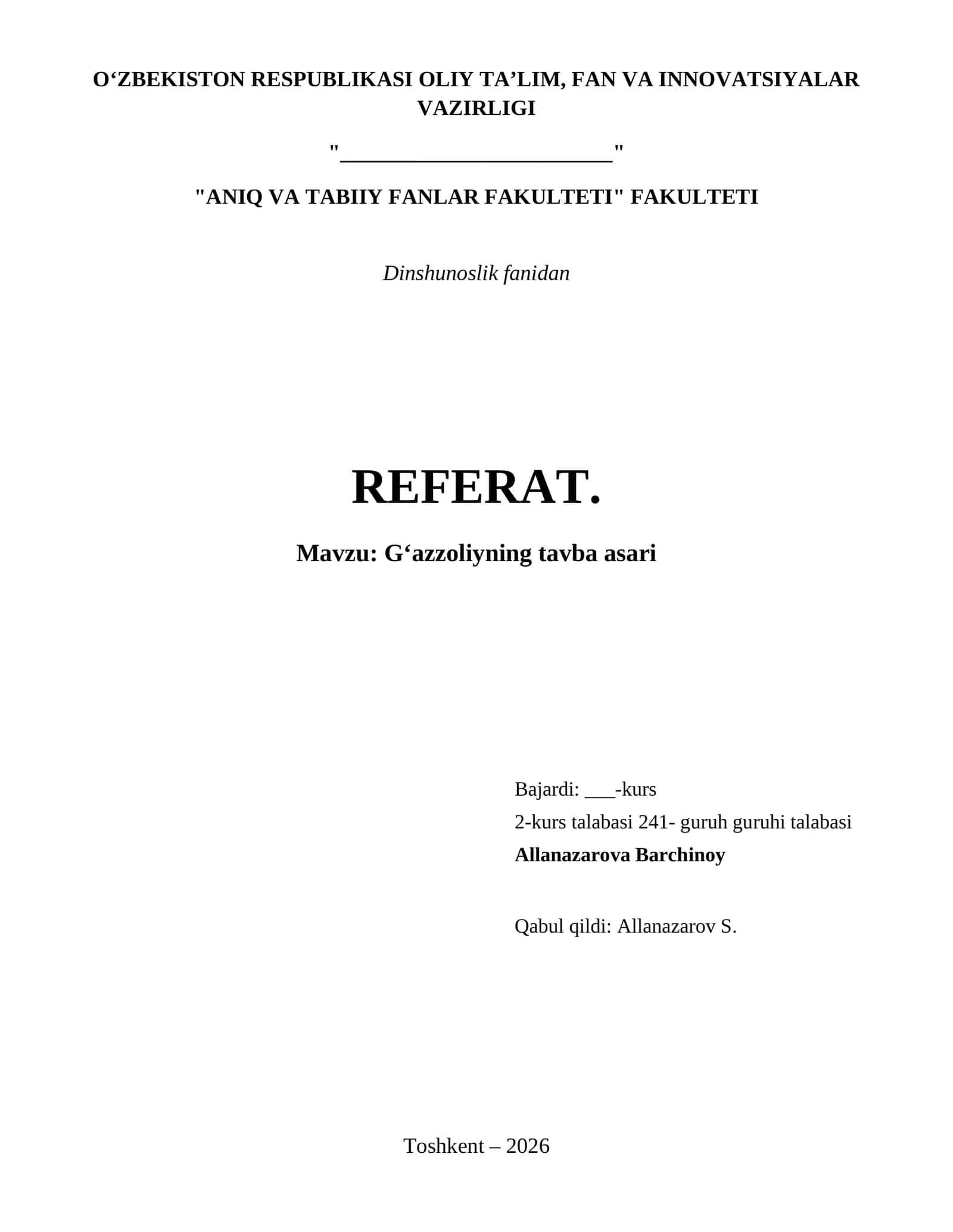 Gʻazzoliyning tavba asari
