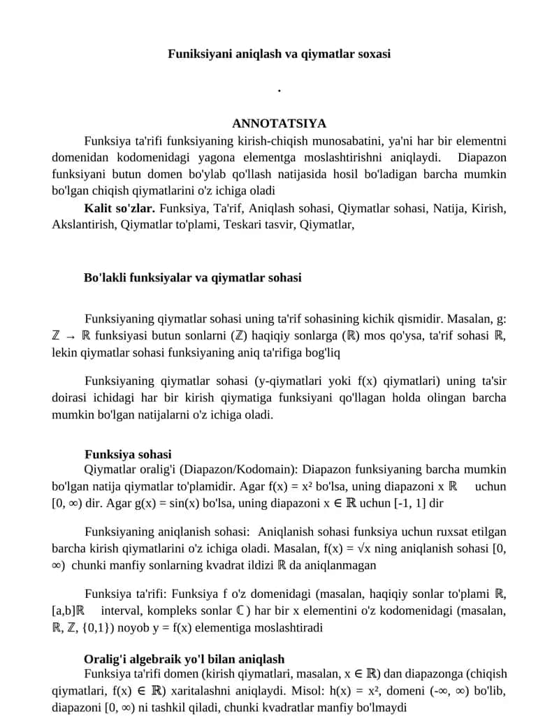 Funiksiyani aniqlash va qiymatlar soxasi