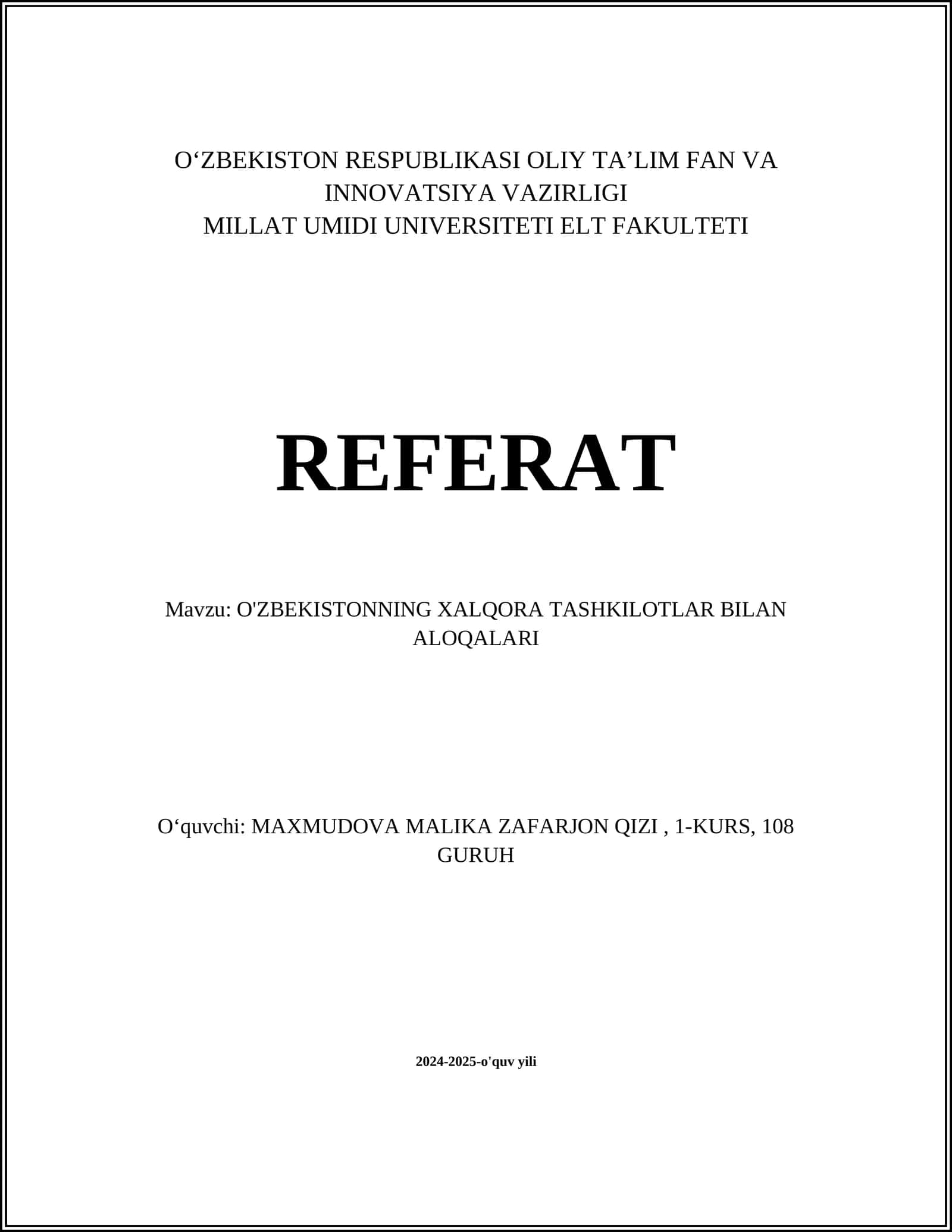 O'ZBEKISTONNING XALQORA TASHKILOTLAR BILAN ALOQALARI