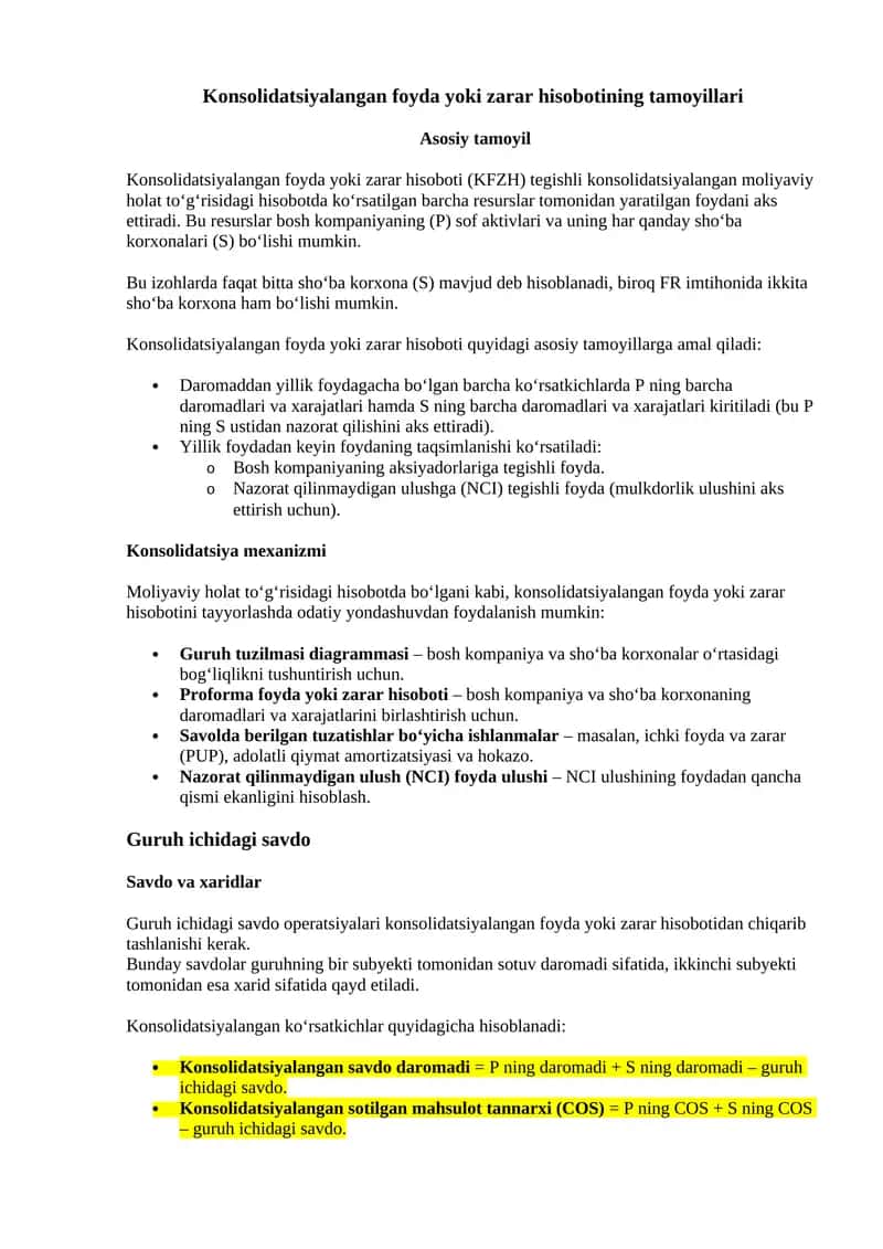 Konsolidatsiyalangan foyda yoki zarar hisobotining tamoyillari