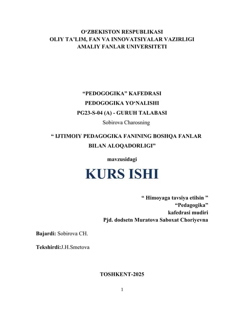 IJTIMOIY PEDAGOGIKA FANINING BOSHQA FANLAR BILAN ALOQADORLIGI.