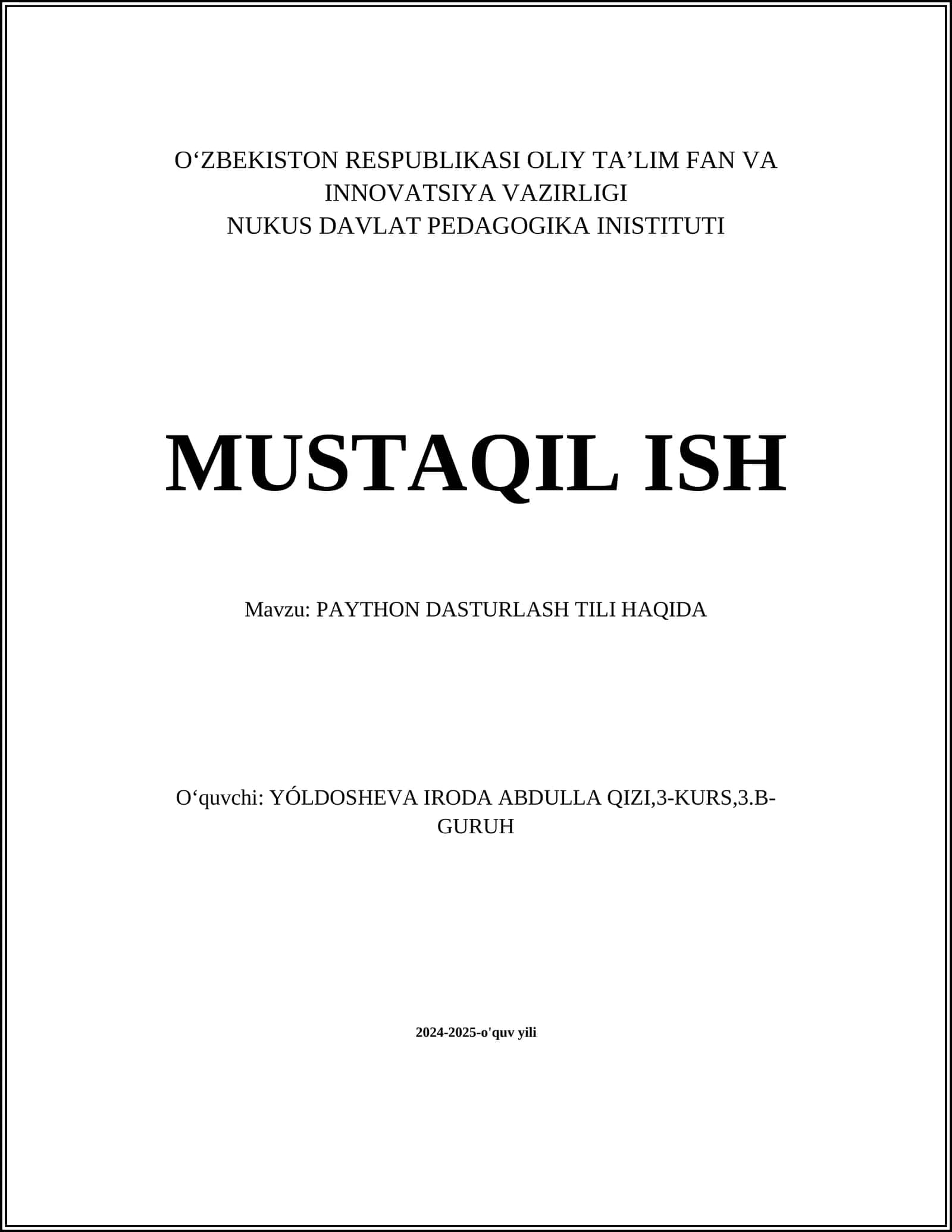 PAYTHON DASTURLASH TILI HAQIDA