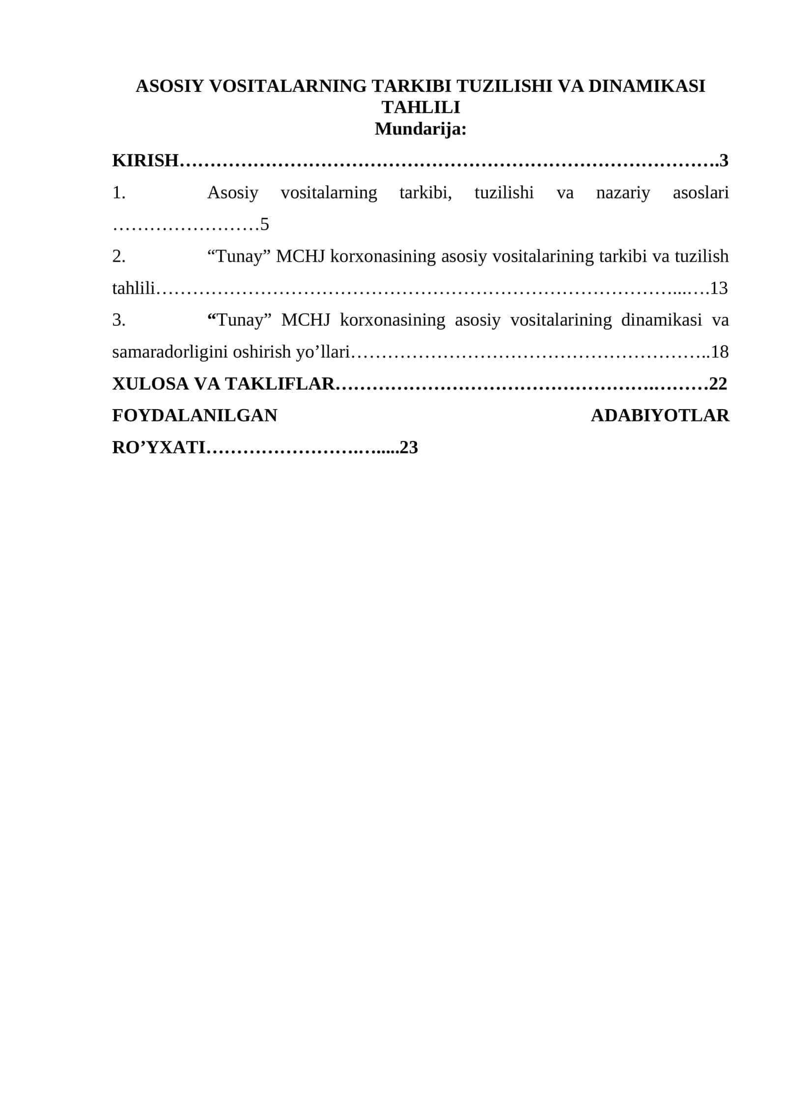 ASOSIY VOSITALARNING TARKIBI TUZILISHI VA DINAMIKASI TAHLILI