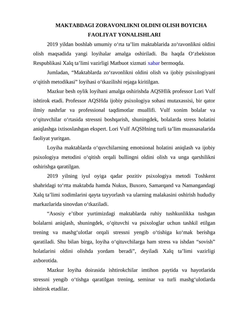 Maktablarda zo‘ravonlikni oldini olish va ijobiy psixologiyani o‘qitish metodikasi