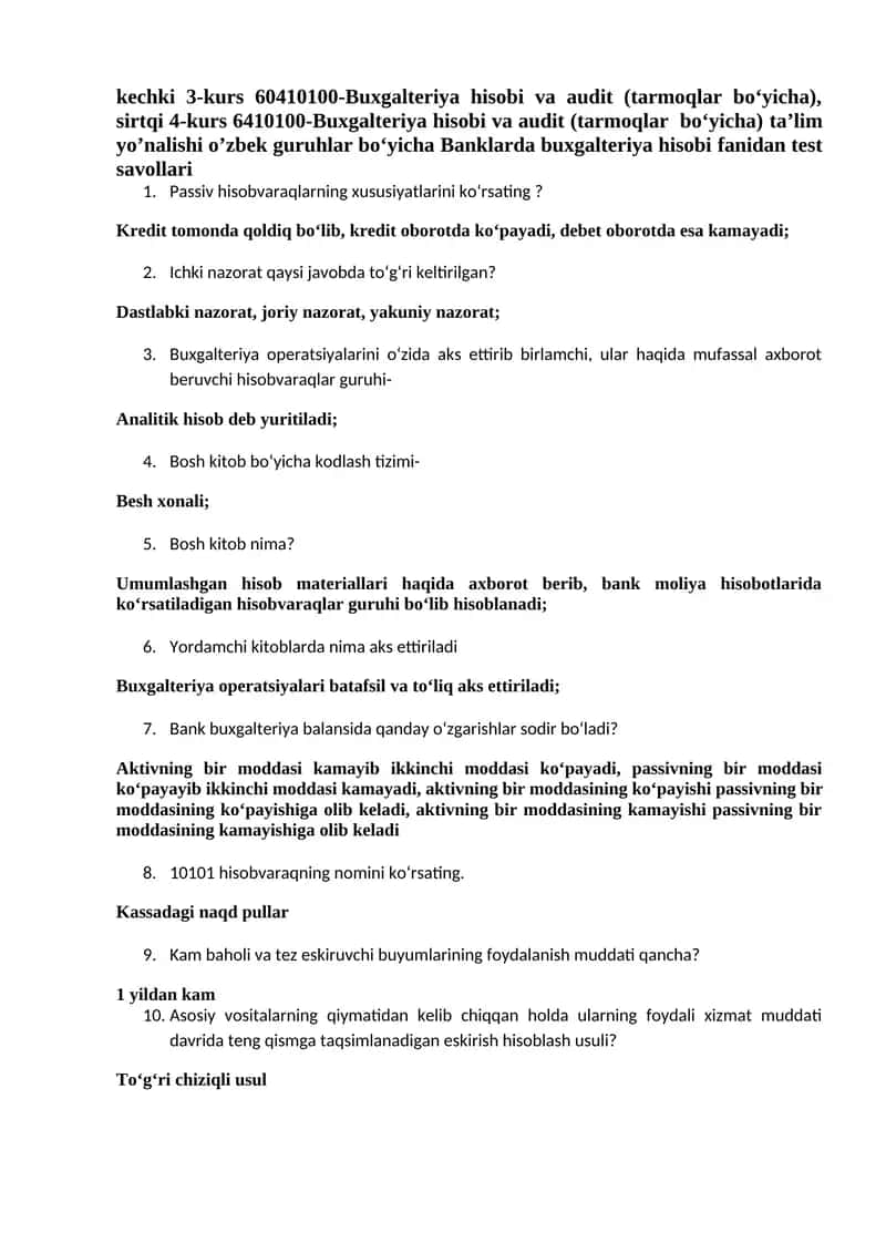 Banklarda Buxgalteriya hisobi testlar