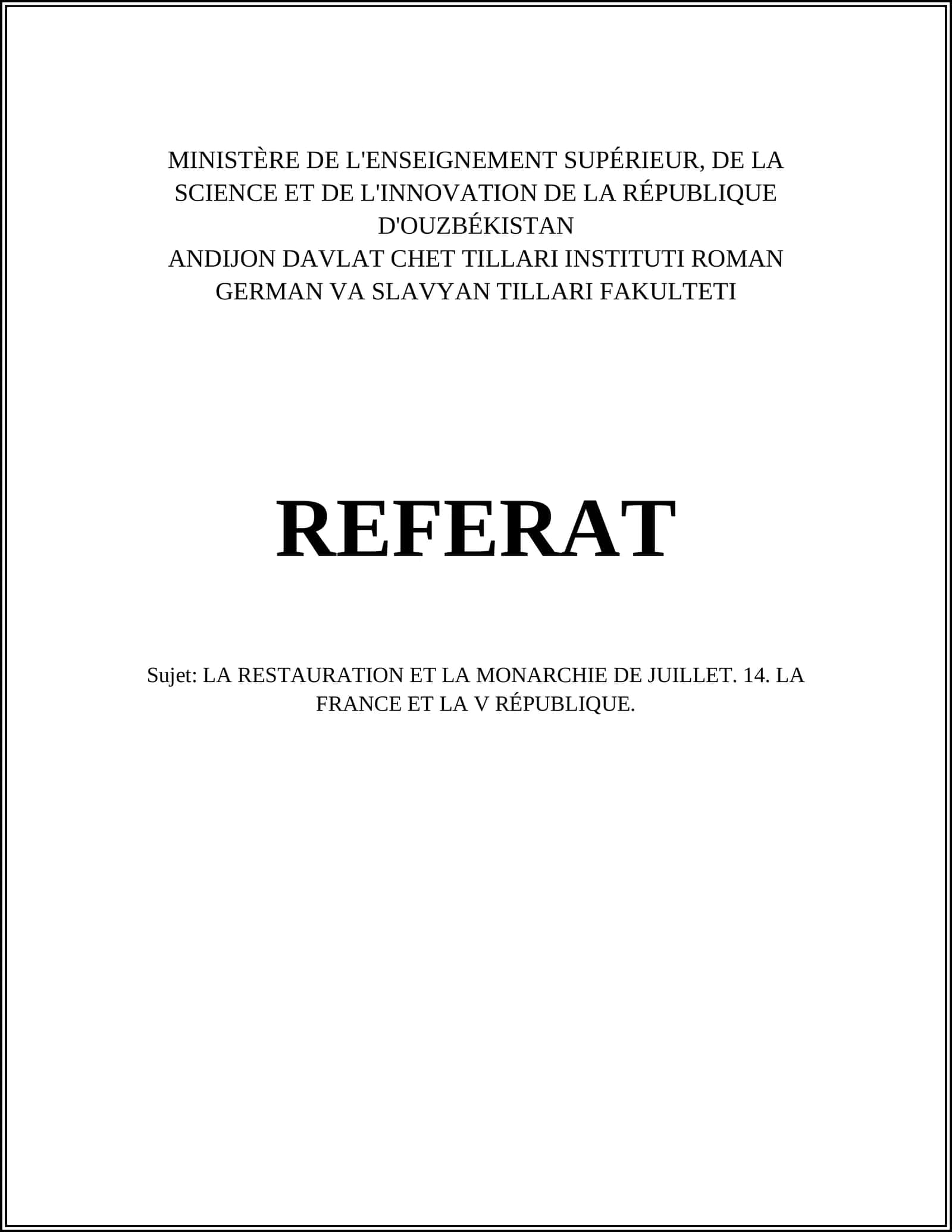 La restauration et la monarchie de Juillet. 14. La France et la V République