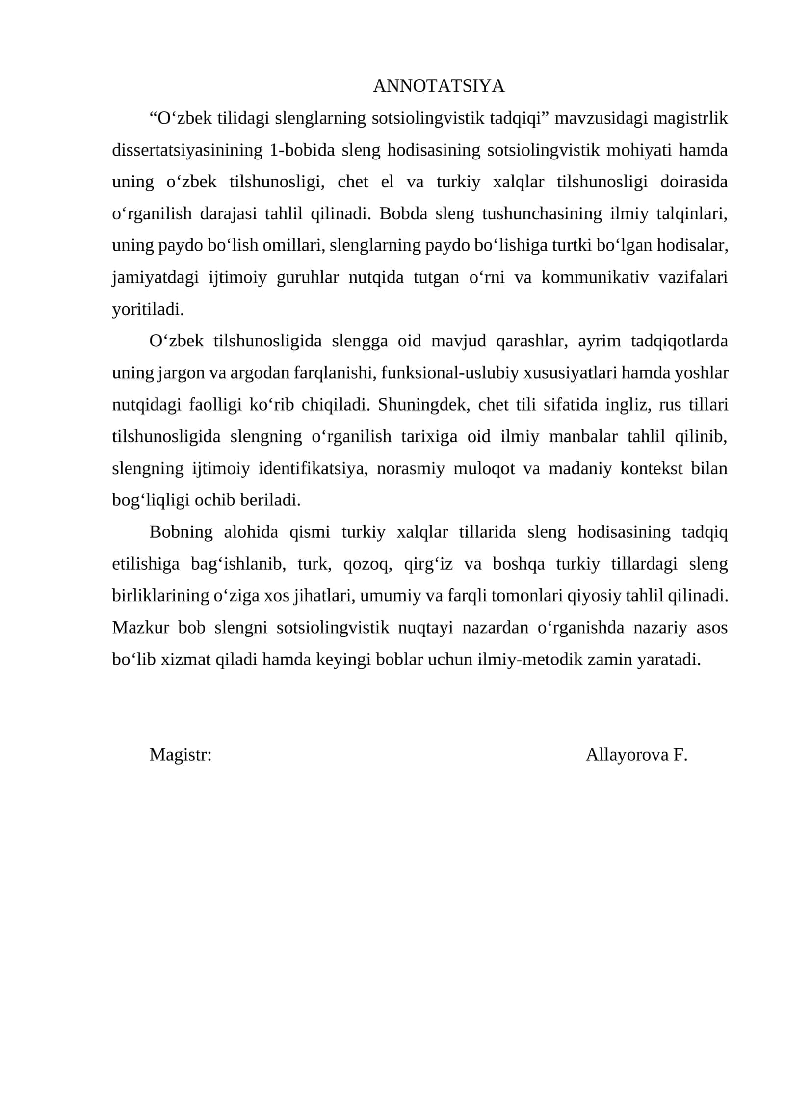 “O‘zbek tilidagi slenglarning sotsiolingvistik tadqiqi” magistrlik dissertatsiyasi
