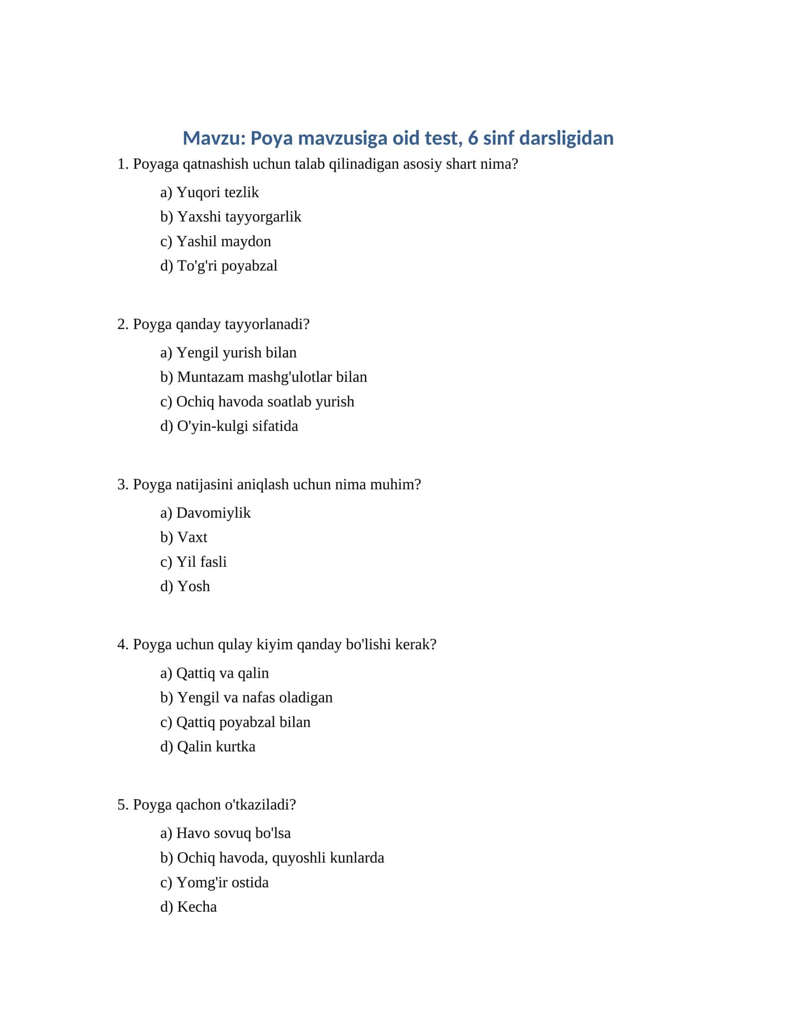 Poya mavzusiga oid test, 6 sinf darsligidan