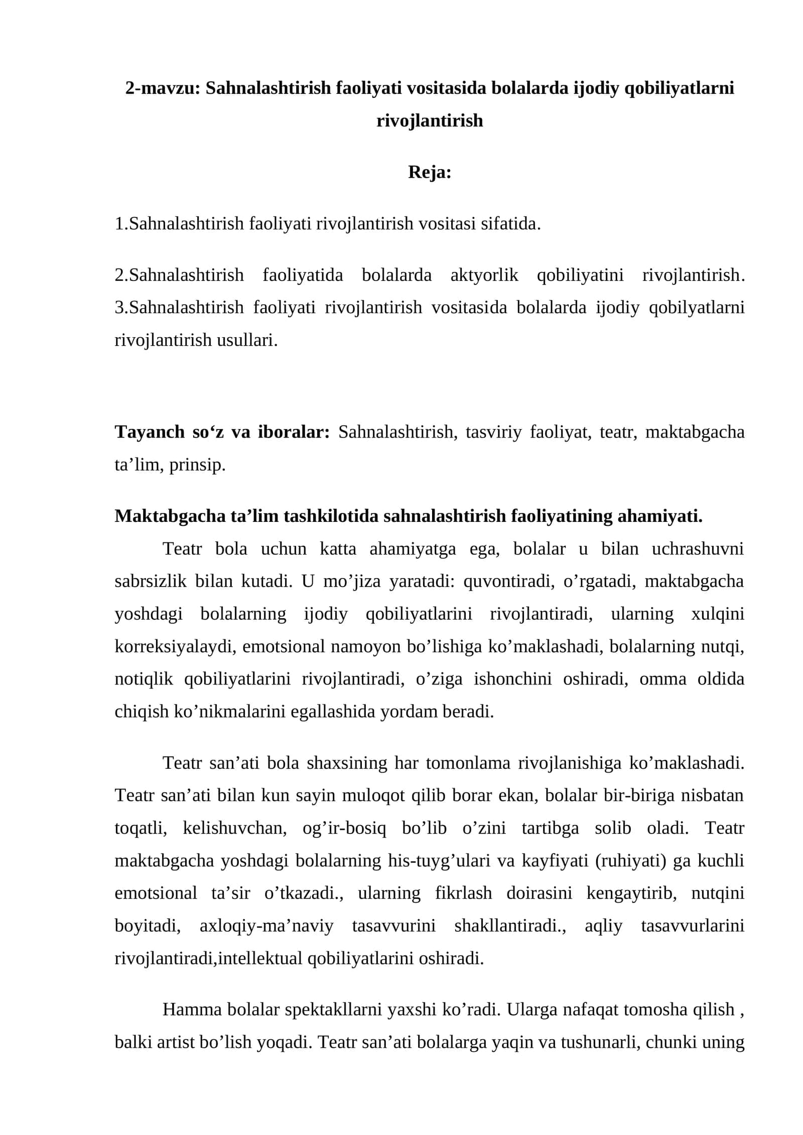 Sahnalashtirish faoliyati vositasida bolalarda ijodiy qobiliyatlarni rivojlantirish