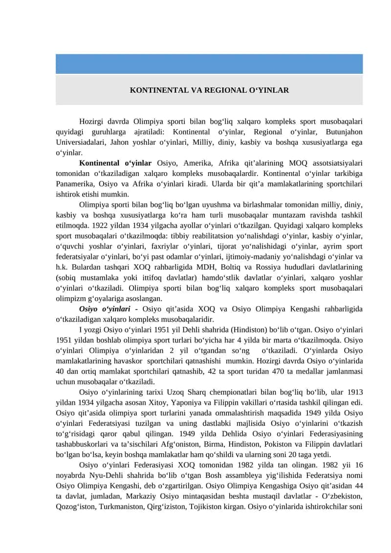 Kontinental va regional o‘yinlar