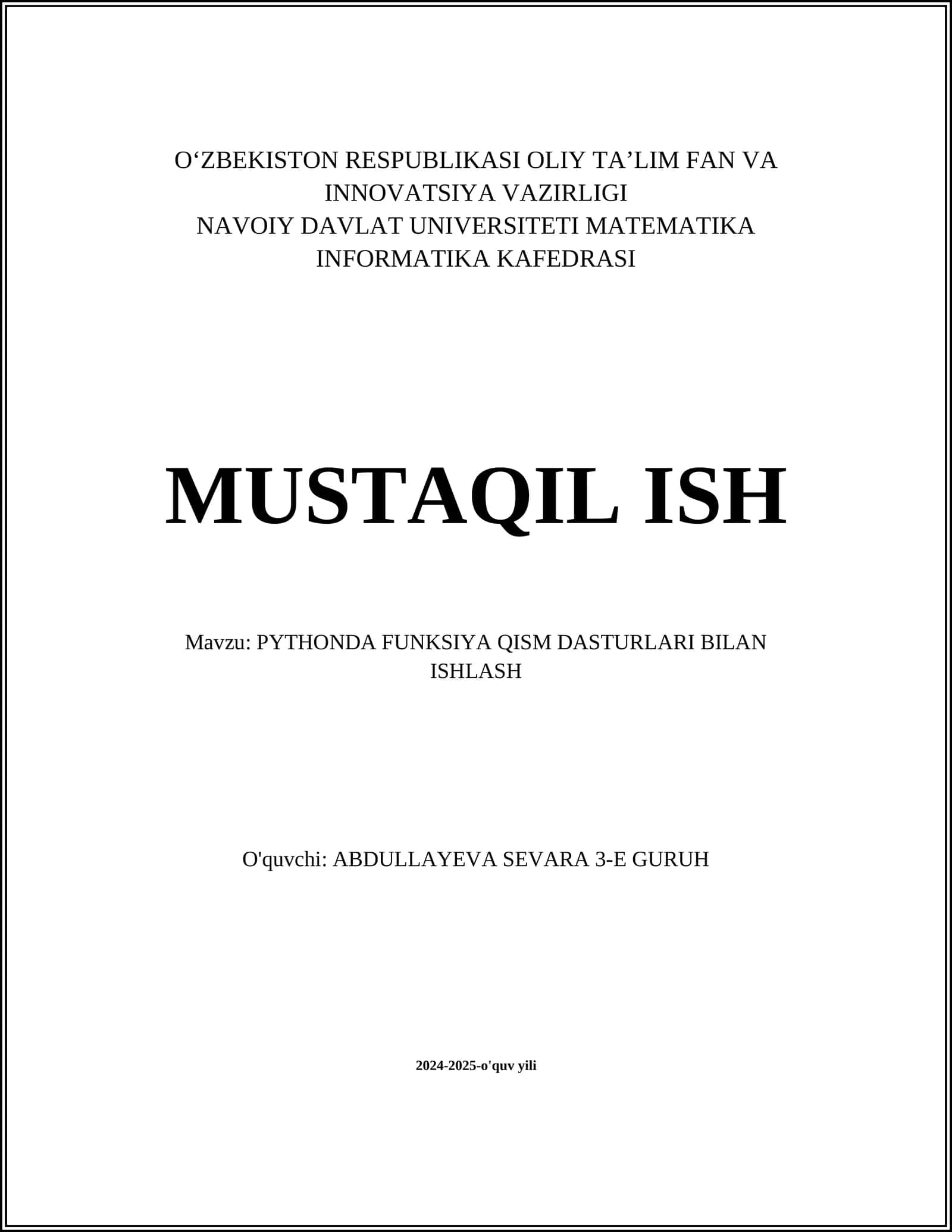 PYTHONDA FUNKSIYA QISM DASTURLARI BILAN ISHLASH