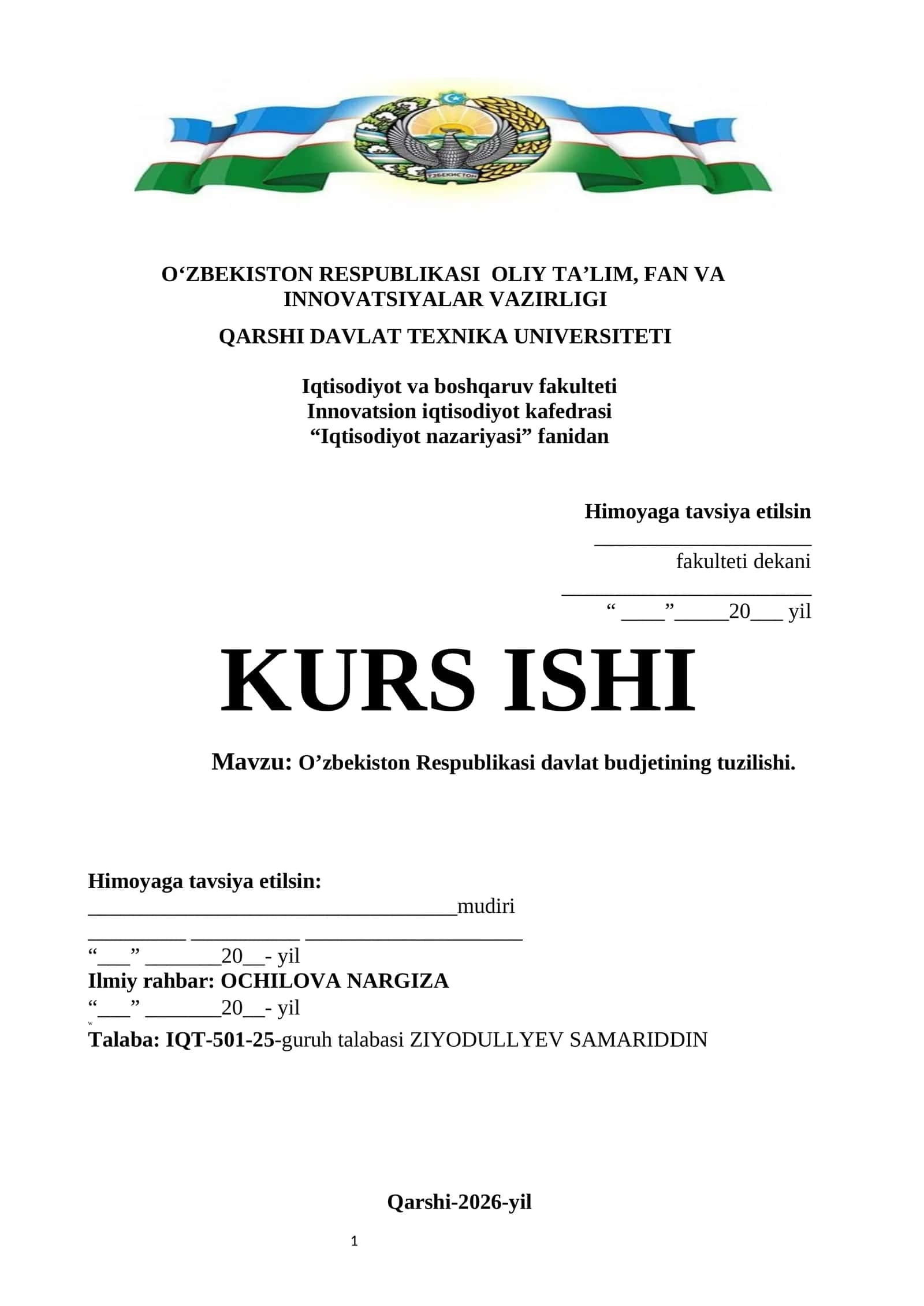 O’zbekiston Respublikasi davlat budjetining tuzilishi