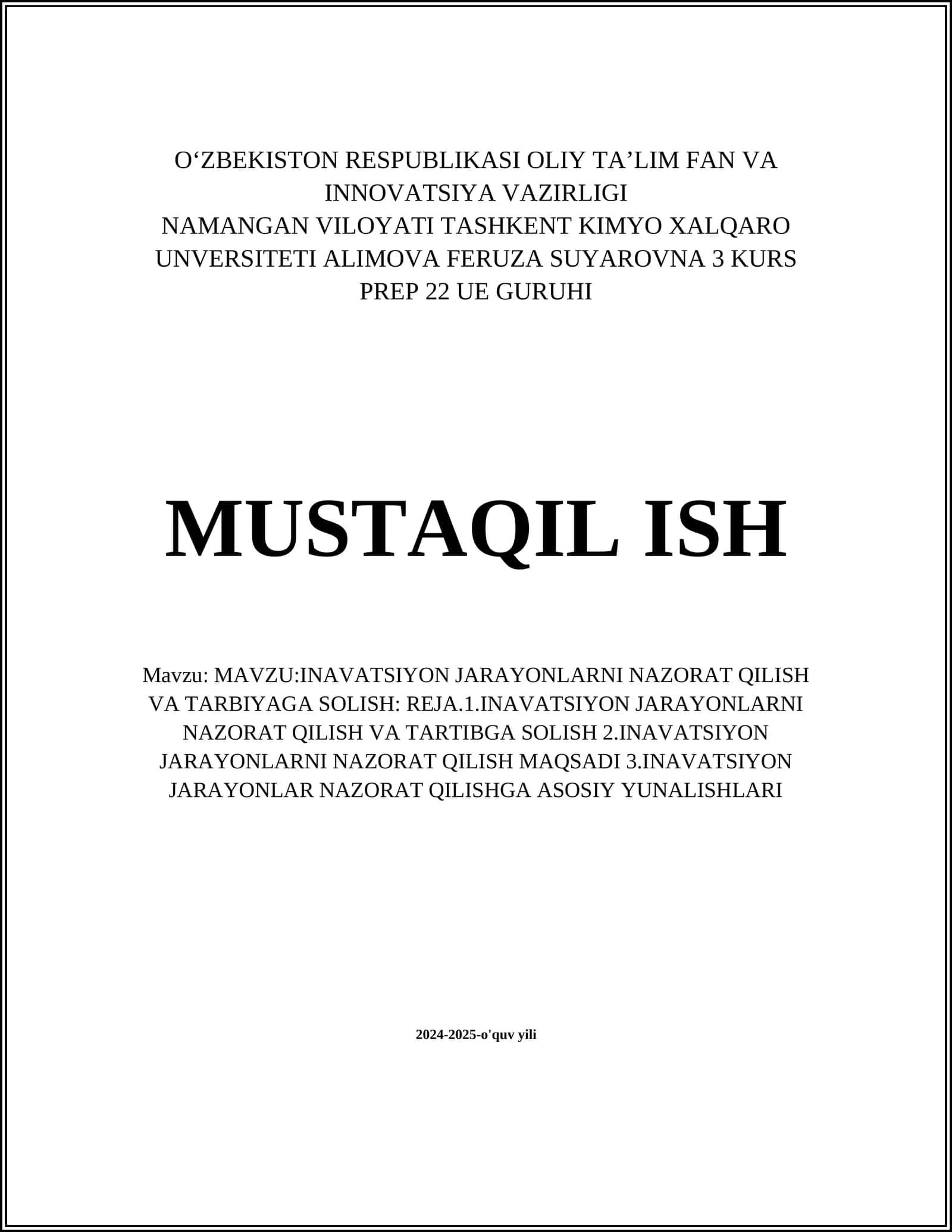 INAVATSIYON JARAYONLARNI NAZORAT QILISH VA TARBIYAGA SOLISH