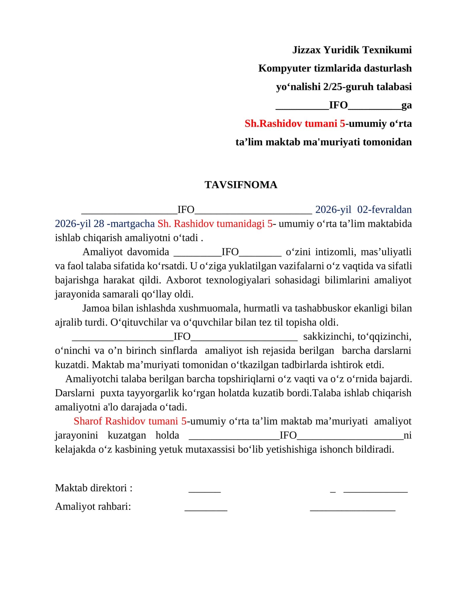 Amalyotchilar uchin TAVSIFNOMA
