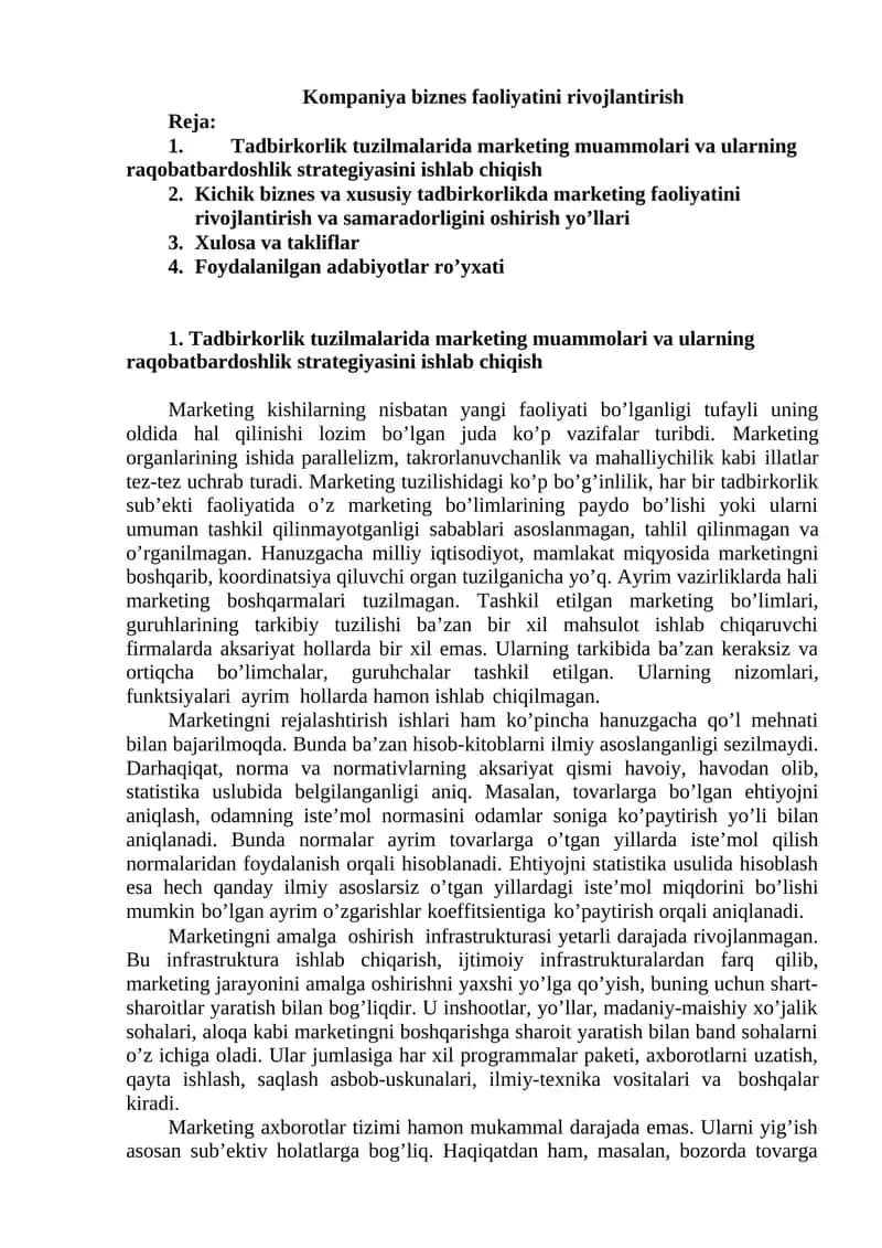 Kompaniya biznes faoliyatini rivojlantirish