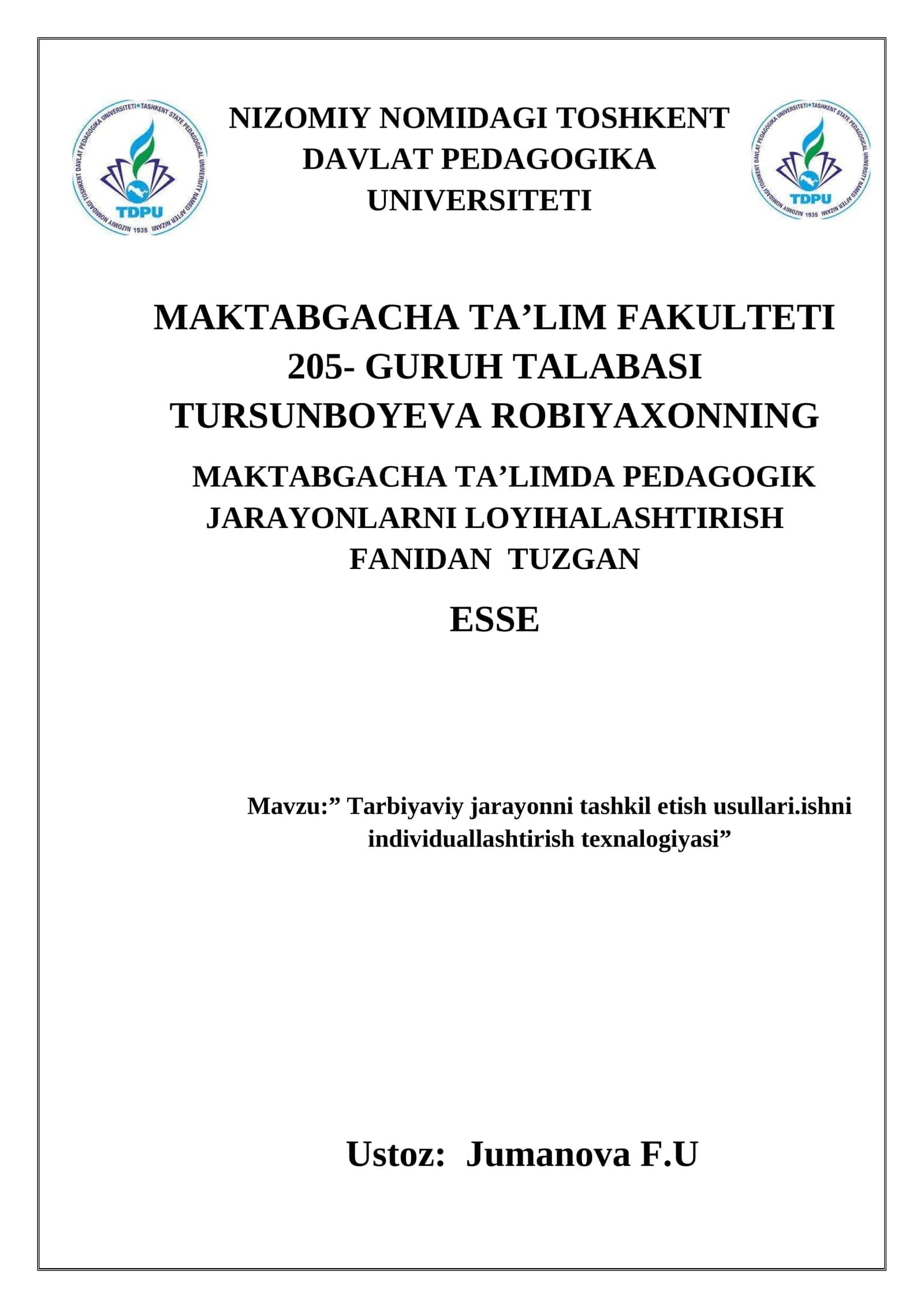 Tarbiyaviy jarayonni tashkil etish usullari