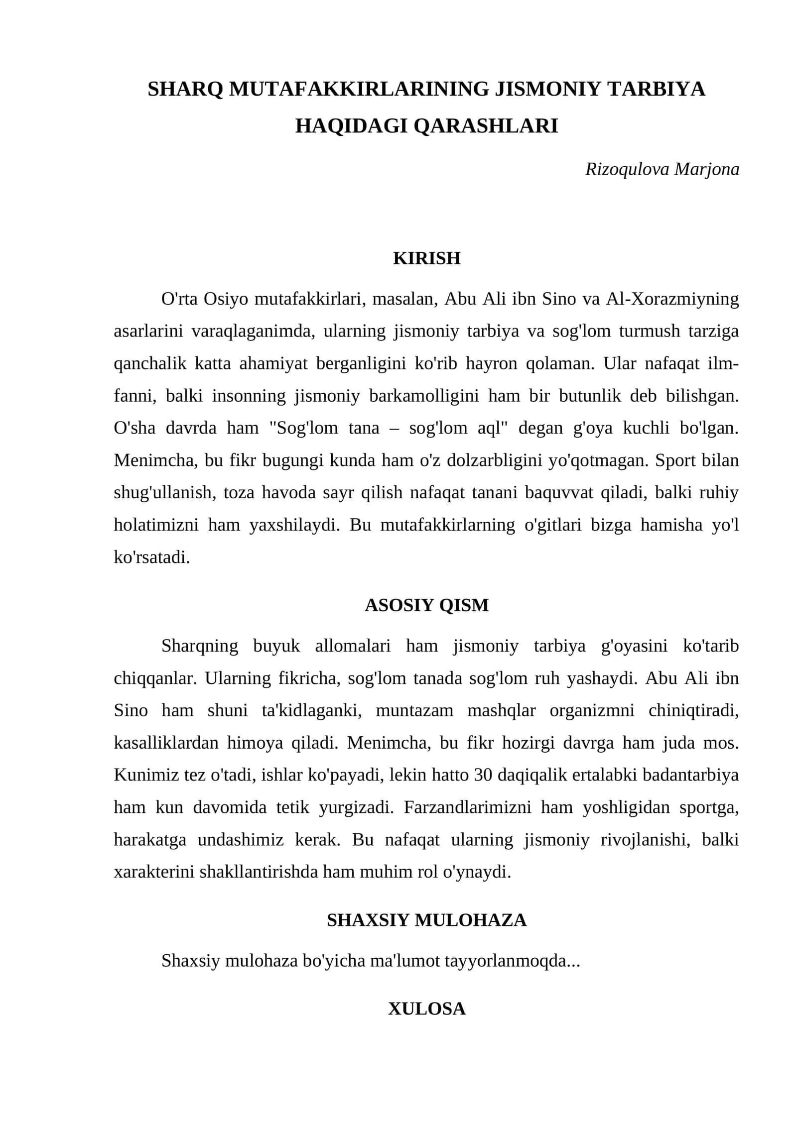 Sharq mutafakkirlarining jismoniy tarbiya haqidagi qarashlari