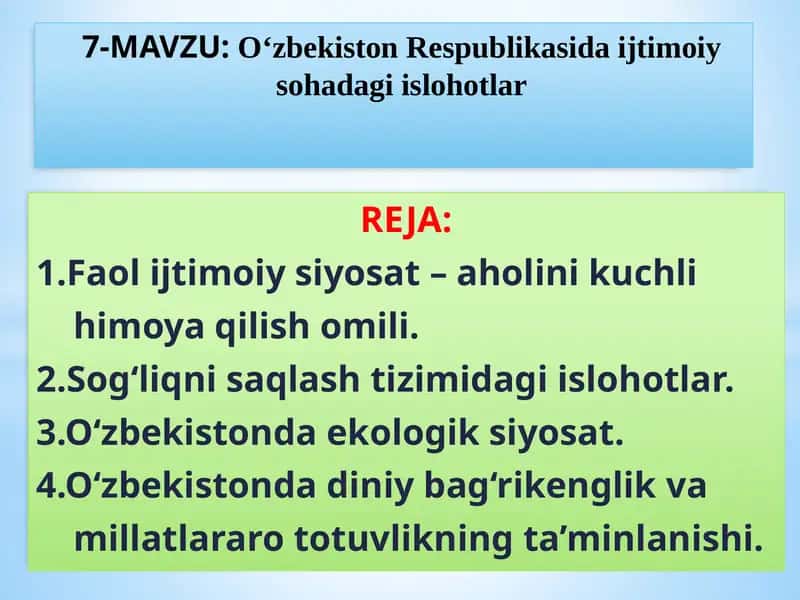 O‘zbekiston Respublikasida ijtimoiy sohadagi islohotlar